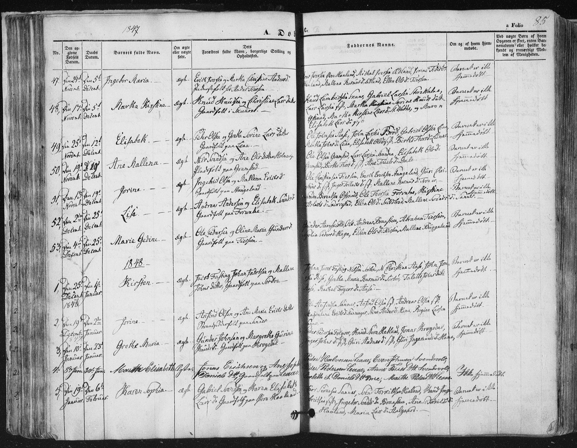 Høyland sokneprestkontor, AV/SAST-A-101799/001/30BA/L0008: Parish register (official) no. A 8, 1841-1856, p. 85