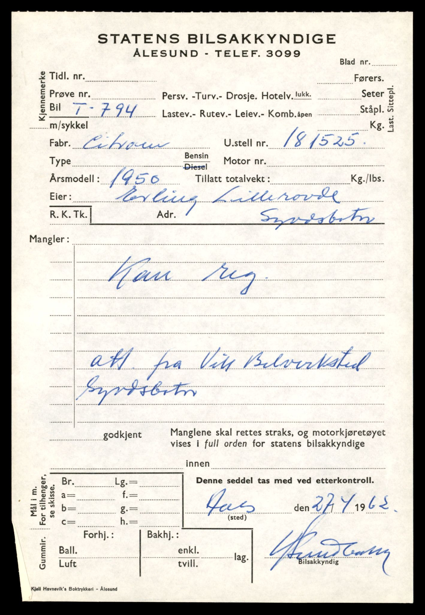 Møre og Romsdal vegkontor - Ålesund trafikkstasjon, SAT/A-4099/F/Fe/L0008: Registreringskort for kjøretøy T 747 - T 894, 1927-1998, p. 1448