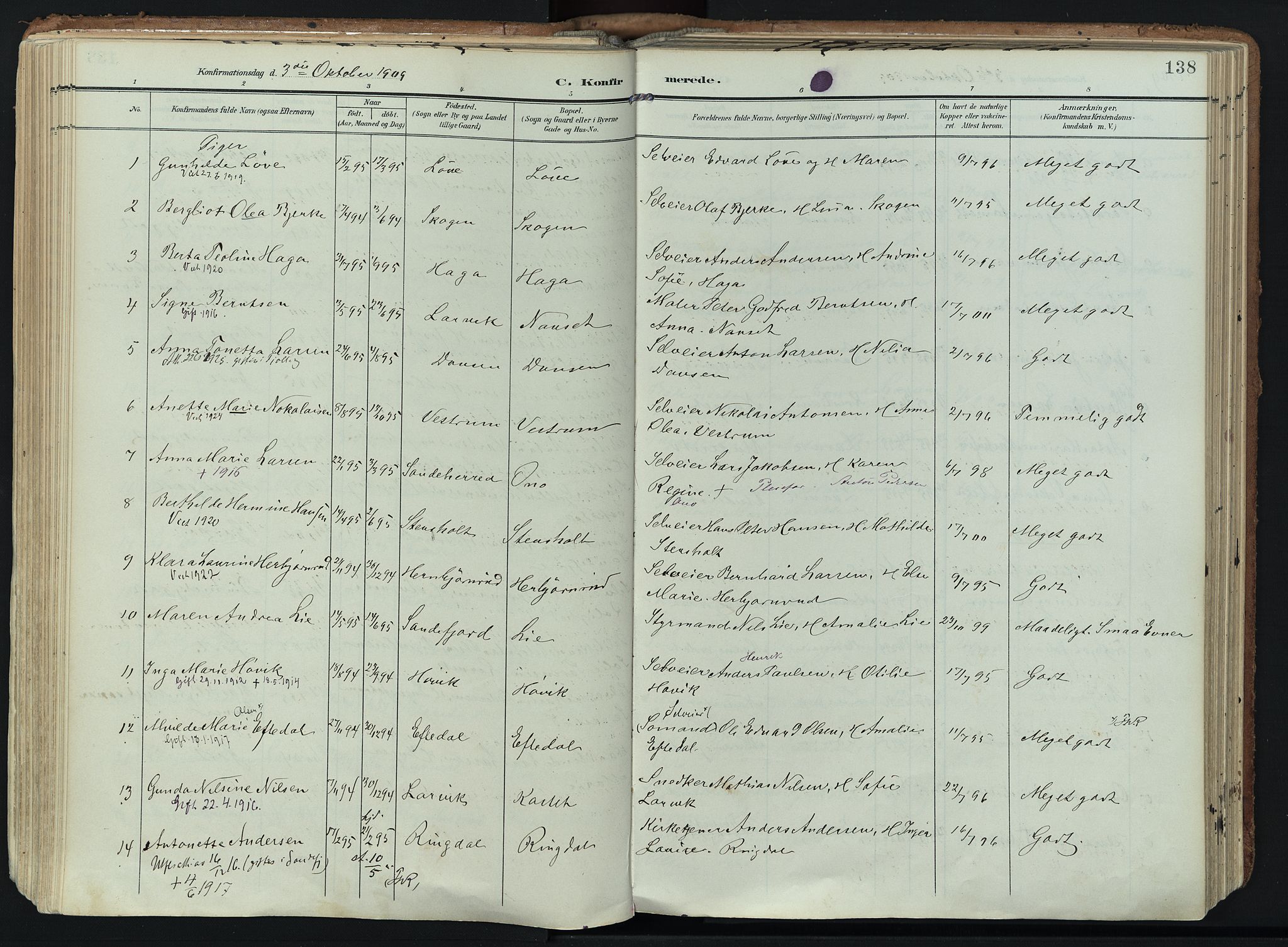 Hedrum kirkebøker, SAKO/A-344/F/Fa/L0010: Parish register (official) no. I 10, 1904-1918, p. 138