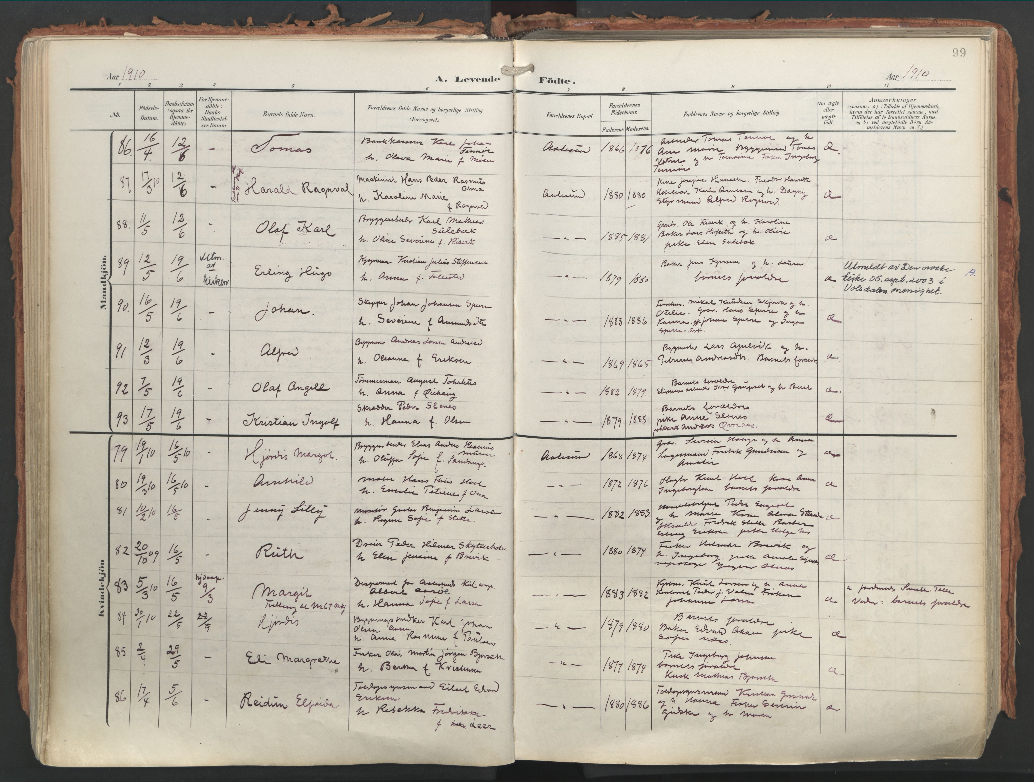 Ministerialprotokoller, klokkerbøker og fødselsregistre - Møre og Romsdal, AV/SAT-A-1454/529/L0460: Parish register (official) no. 529A10, 1906-1917, p. 99
