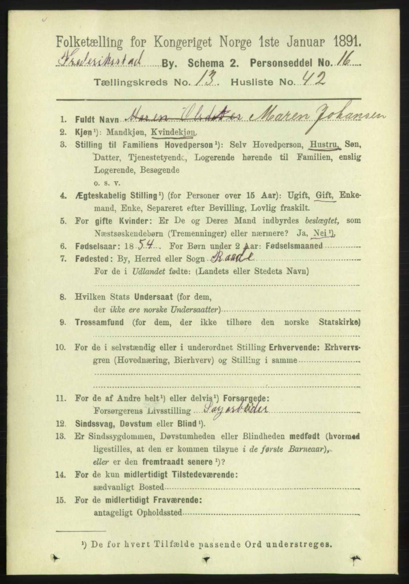 RA, 1891 census for 0103 Fredrikstad, 1891, p. 15005