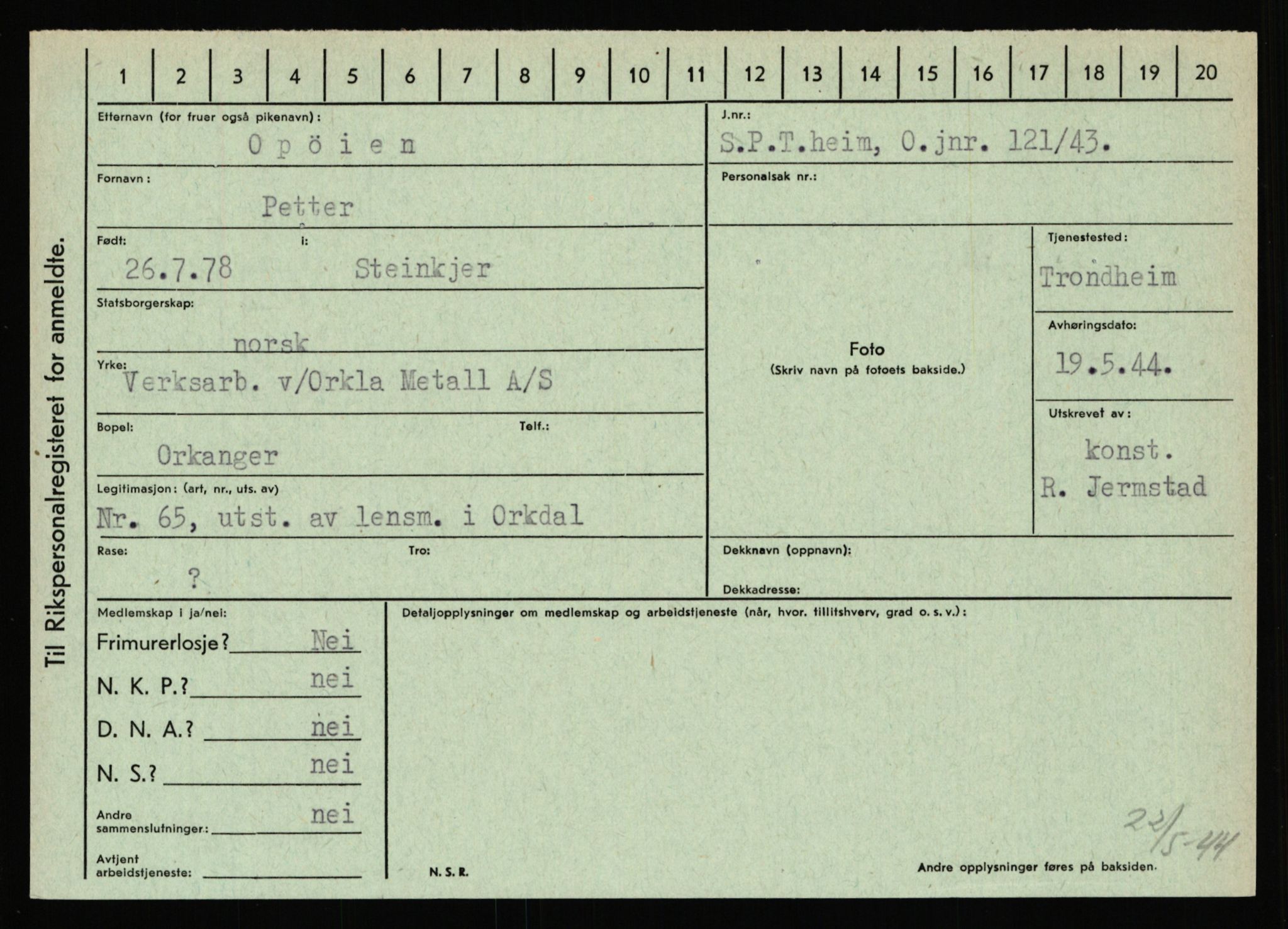 Statspolitiet - Hovedkontoret / Osloavdelingen, AV/RA-S-1329/C/Ca/L0012: Oanæs - Quistgaard	, 1943-1945, p. 2225