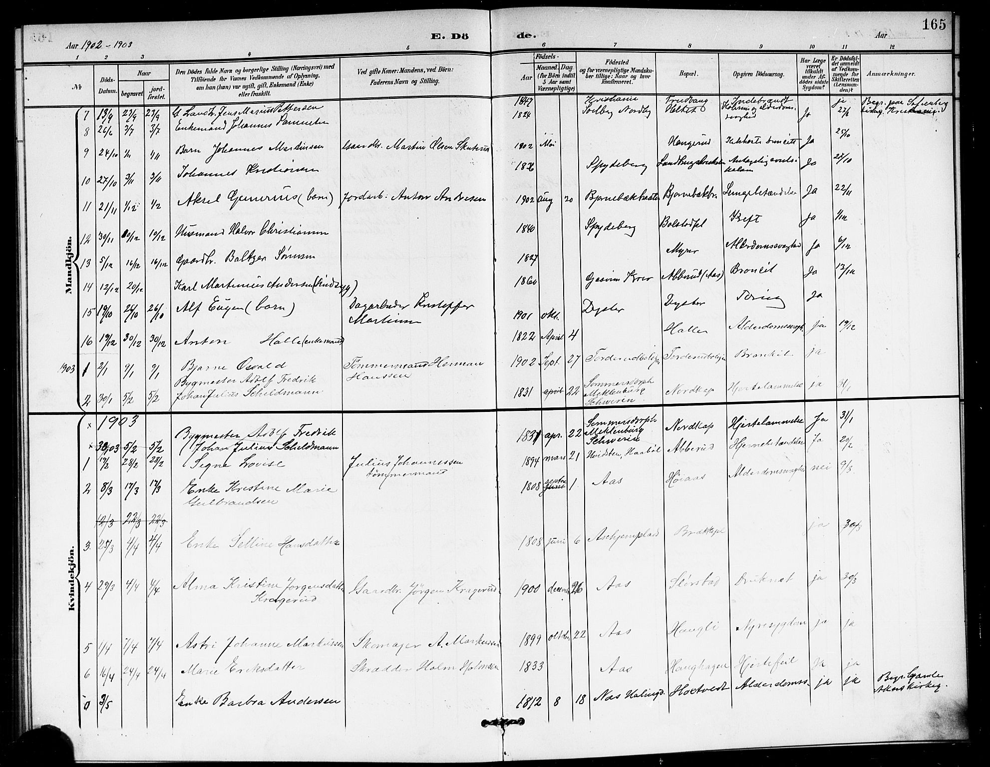 Ås prestekontor Kirkebøker, AV/SAO-A-10894/G/Ga/L0004: Parish register (copy) no. I 4, 1901-1915, p. 165