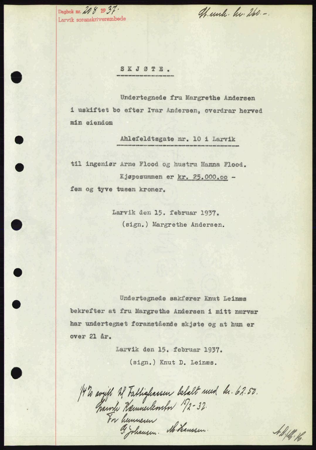 Larvik sorenskriveri, SAKO/A-83/G/Ga/Gab/L0067: Mortgage book no. A-1, 1936-1937, Diary no: : 208/1937