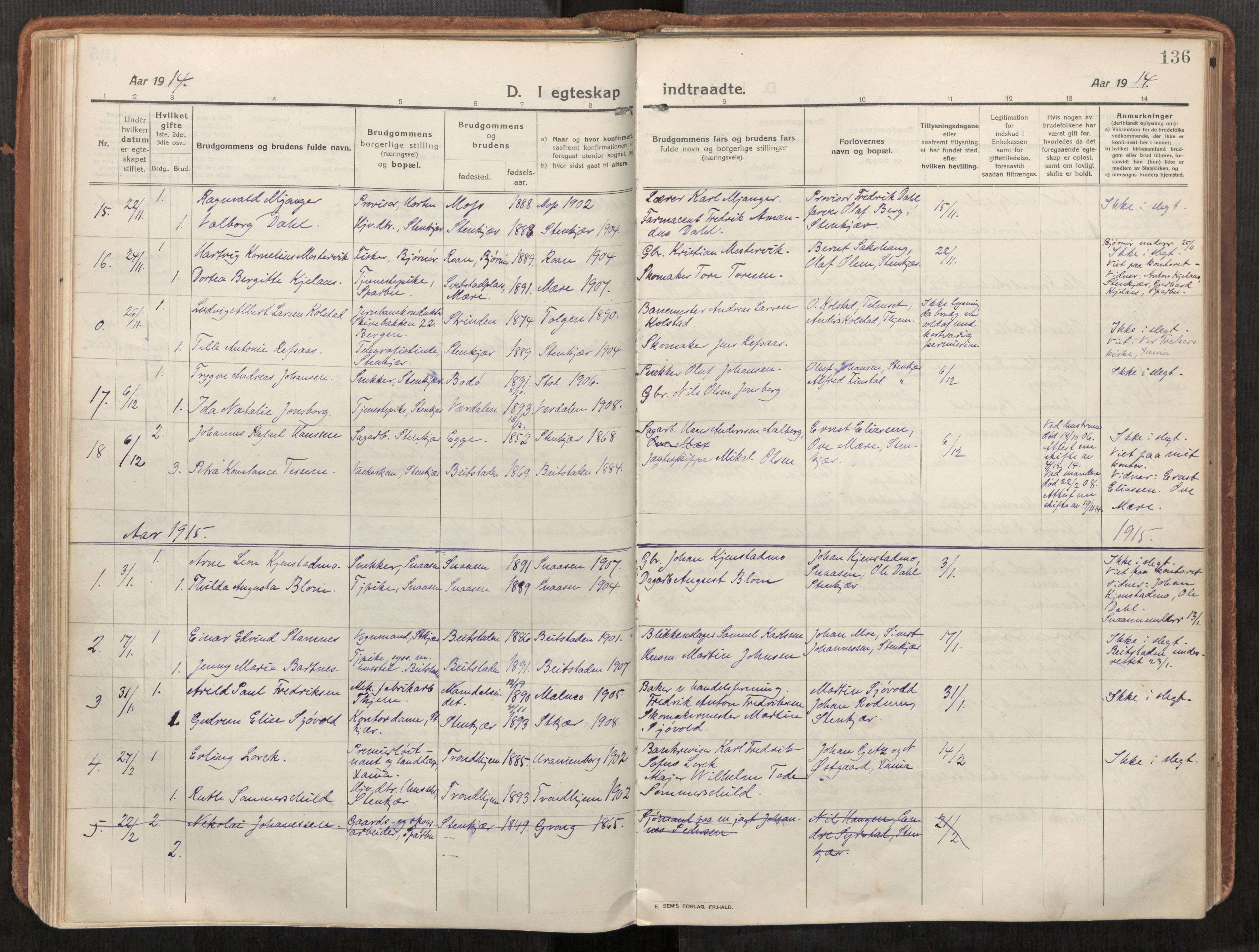 Steinkjer sokneprestkontor, AV/SAT-A-1541/01/H/Ha/Haa/L0003: Parish register (official) no. 3, 1913-1922, p. 136