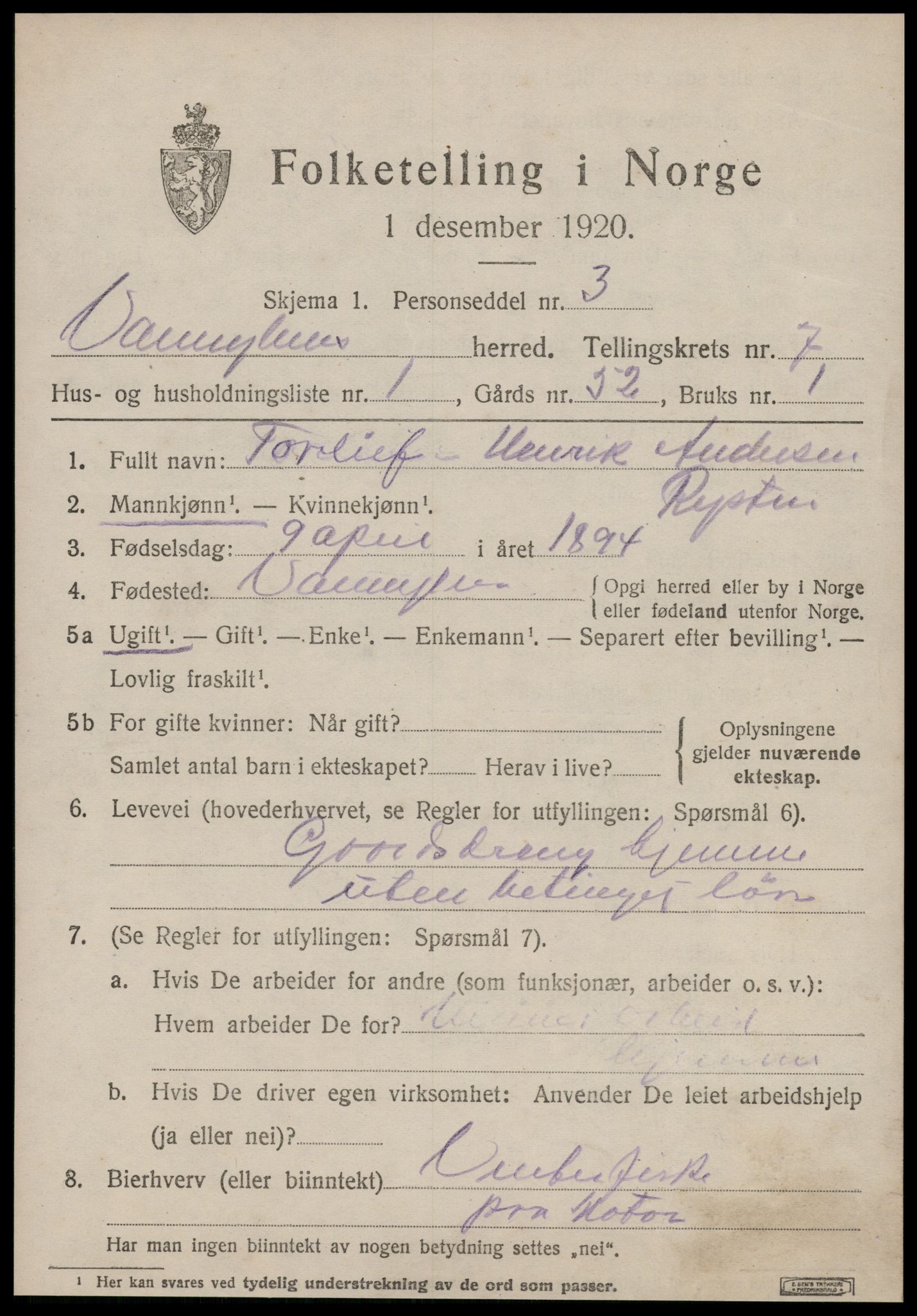 SAT, 1920 census for Vanylven, 1920, p. 4021