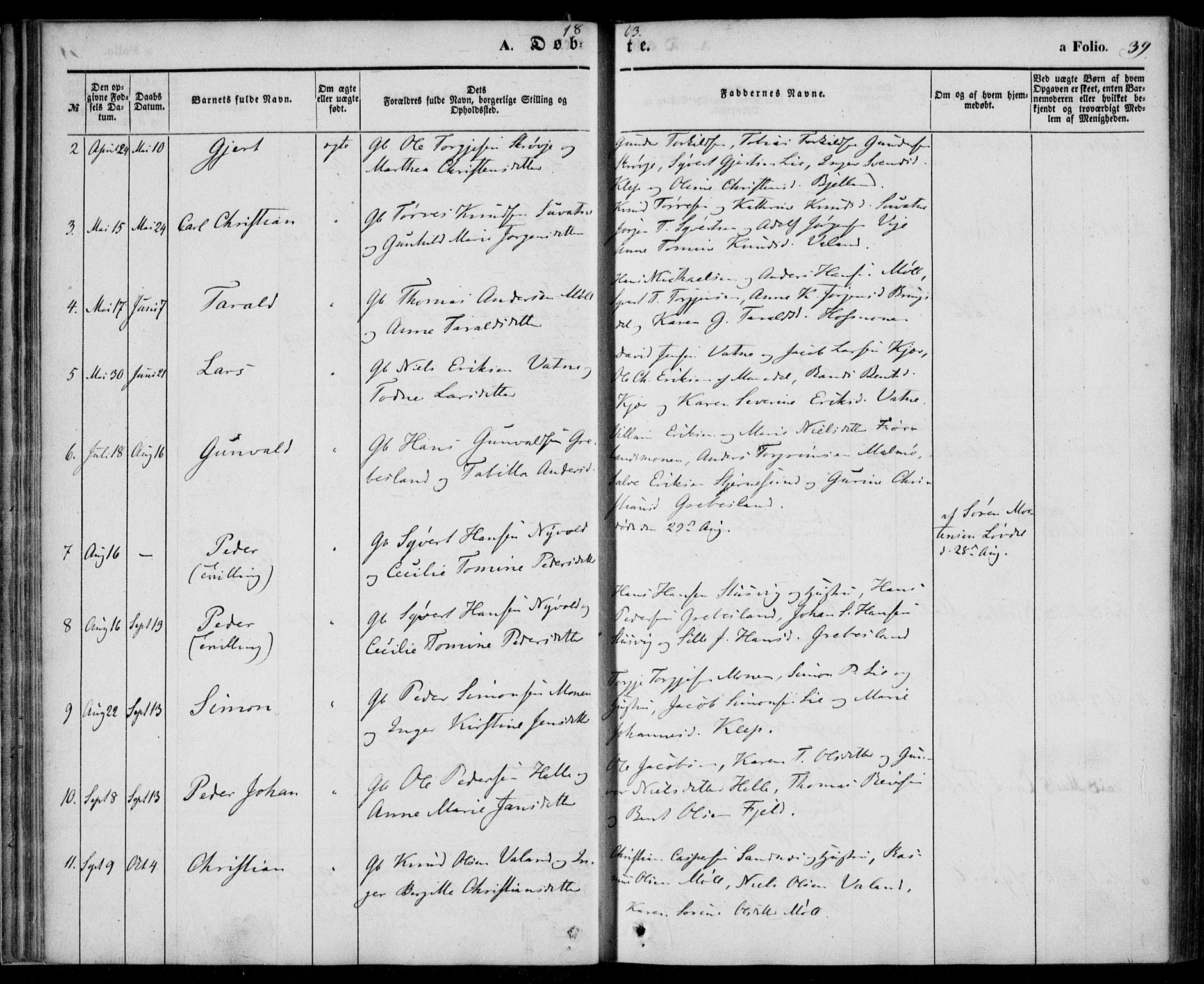 Holum sokneprestkontor, AV/SAK-1111-0022/F/Fa/Faa/L0005: Parish register (official) no. A 5, 1850-1864, p. 39