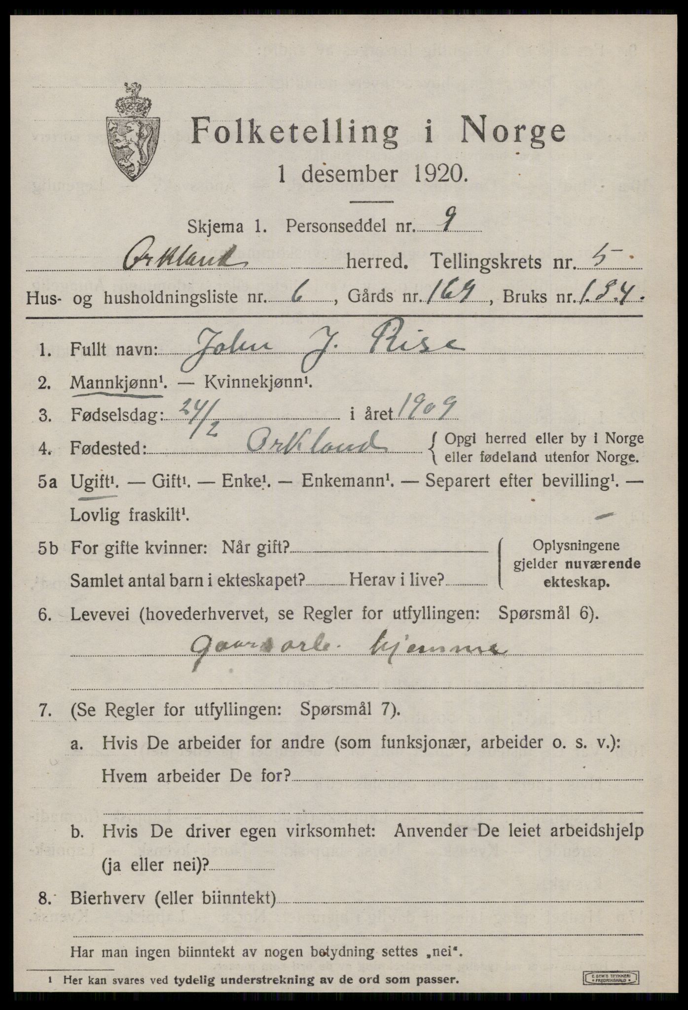 SAT, 1920 census for Orkland, 1920, p. 4088