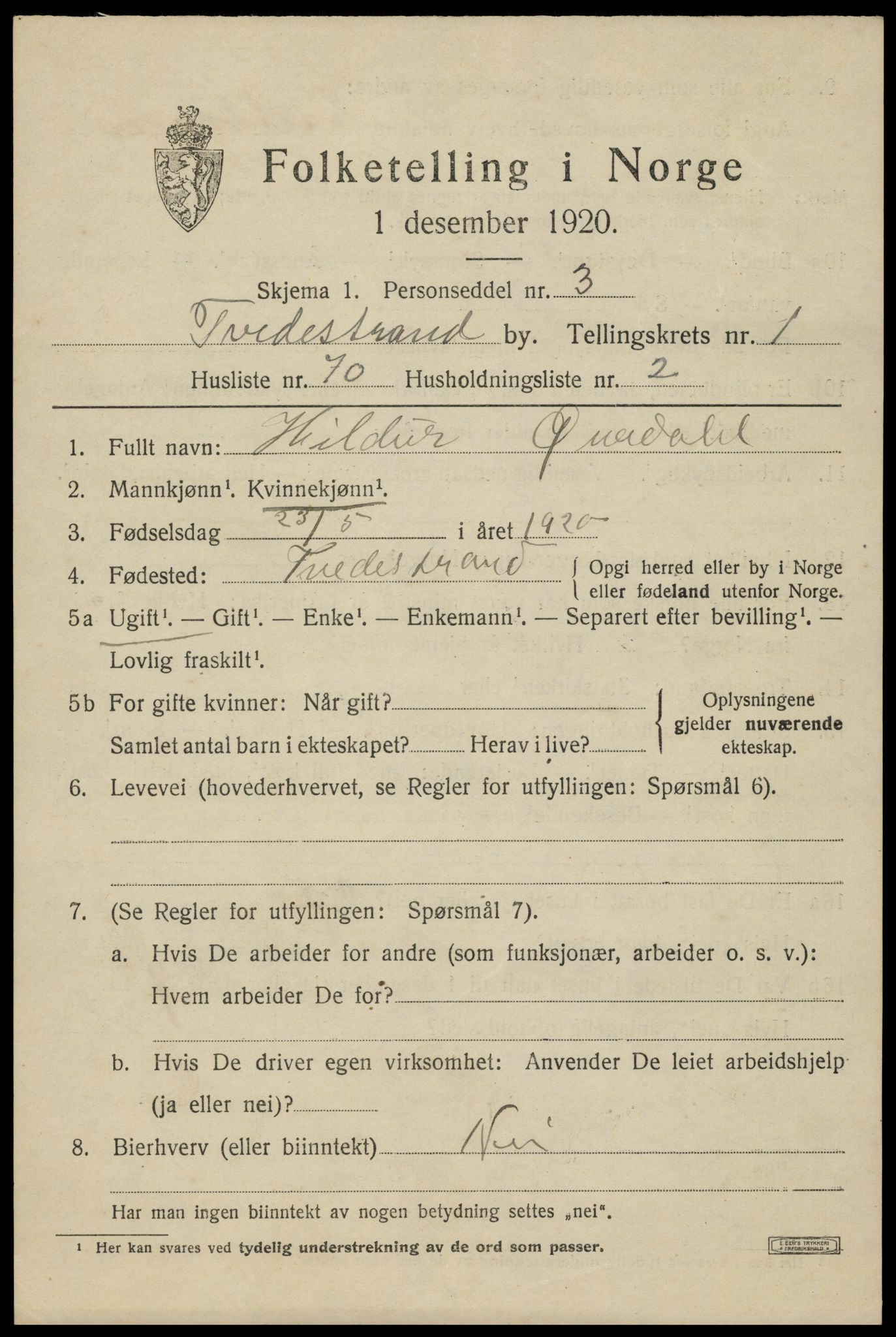 SAK, 1920 census for Tvedestrand, 1920, p. 2113