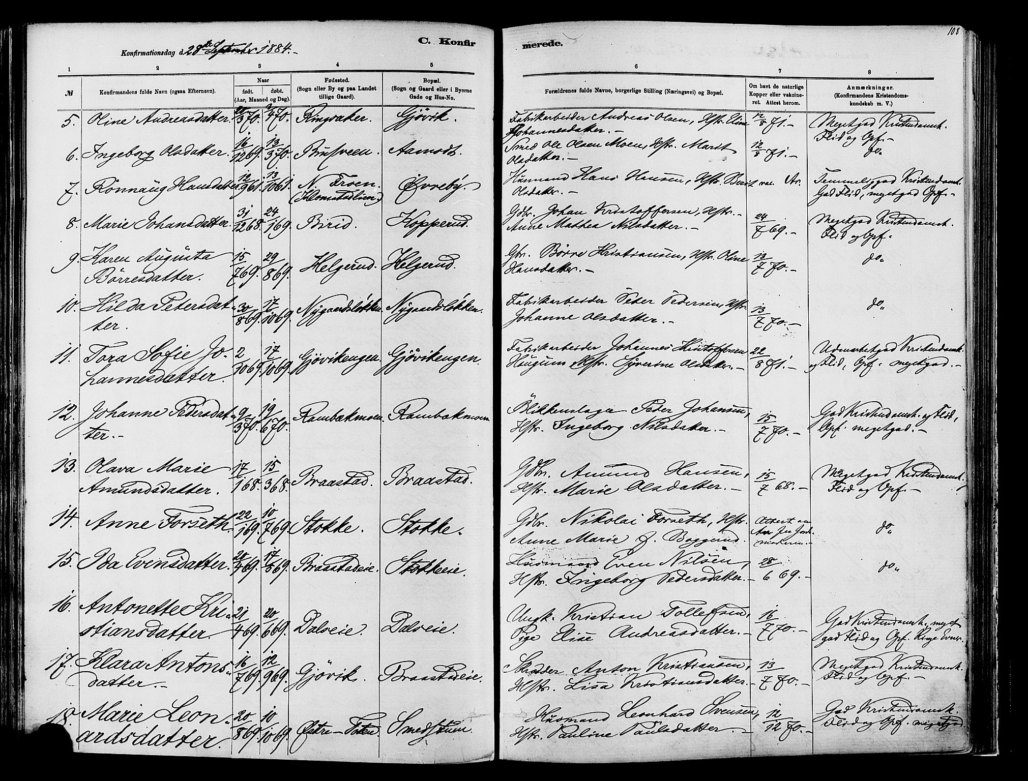 Vardal prestekontor, SAH/PREST-100/H/Ha/Haa/L0009: Parish register (official) no. 9, 1878-1892, p. 108