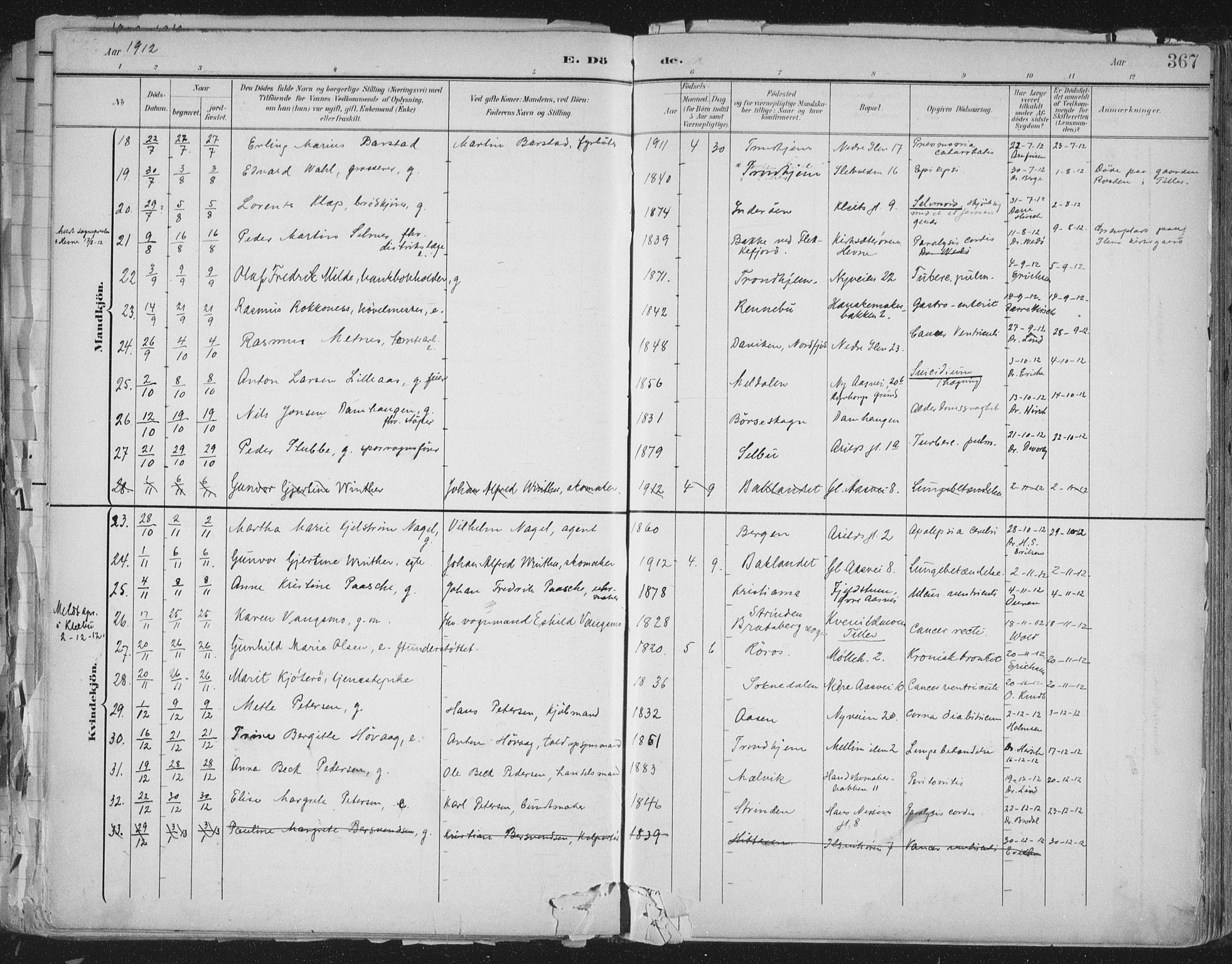 Ministerialprotokoller, klokkerbøker og fødselsregistre - Sør-Trøndelag, AV/SAT-A-1456/603/L0167: Parish register (official) no. 603A06, 1896-1932, p. 367