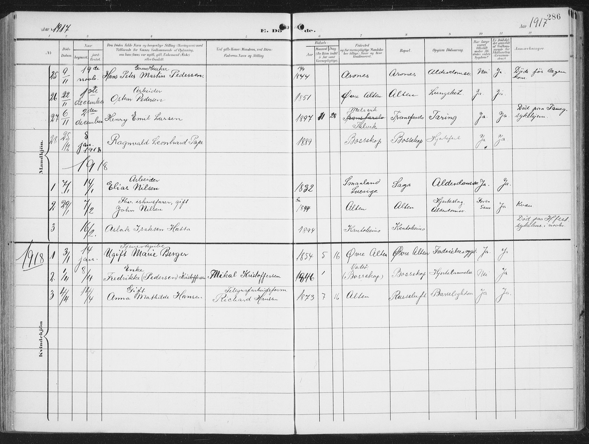 Alta sokneprestkontor, SATØ/S-1338/H/Ha/L0005.kirke: Parish register (official) no. 5, 1904-1918, p. 286