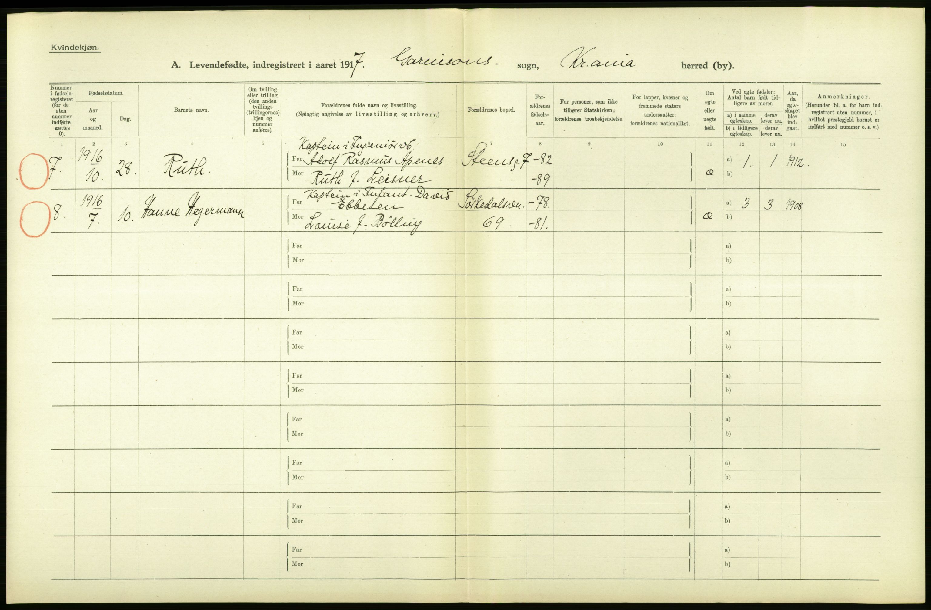 Statistisk sentralbyrå, Sosiodemografiske emner, Befolkning, AV/RA-S-2228/D/Df/Dfb/Dfbg/L0007: Kristiania: Levendefødte menn og kvinner., 1917, p. 72