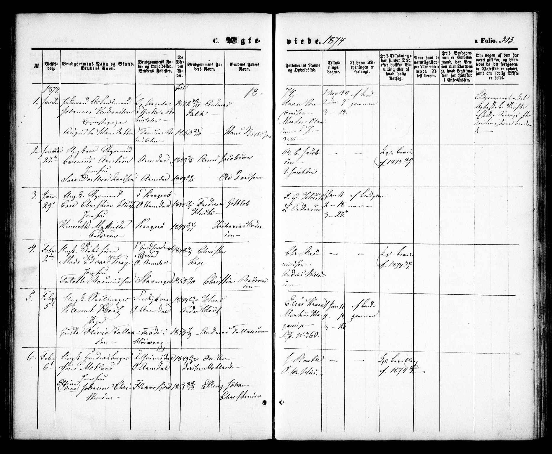 Arendal sokneprestkontor, Trefoldighet, SAK/1111-0040/F/Fa/L0007: Parish register (official) no. A 7, 1868-1878, p. 313
