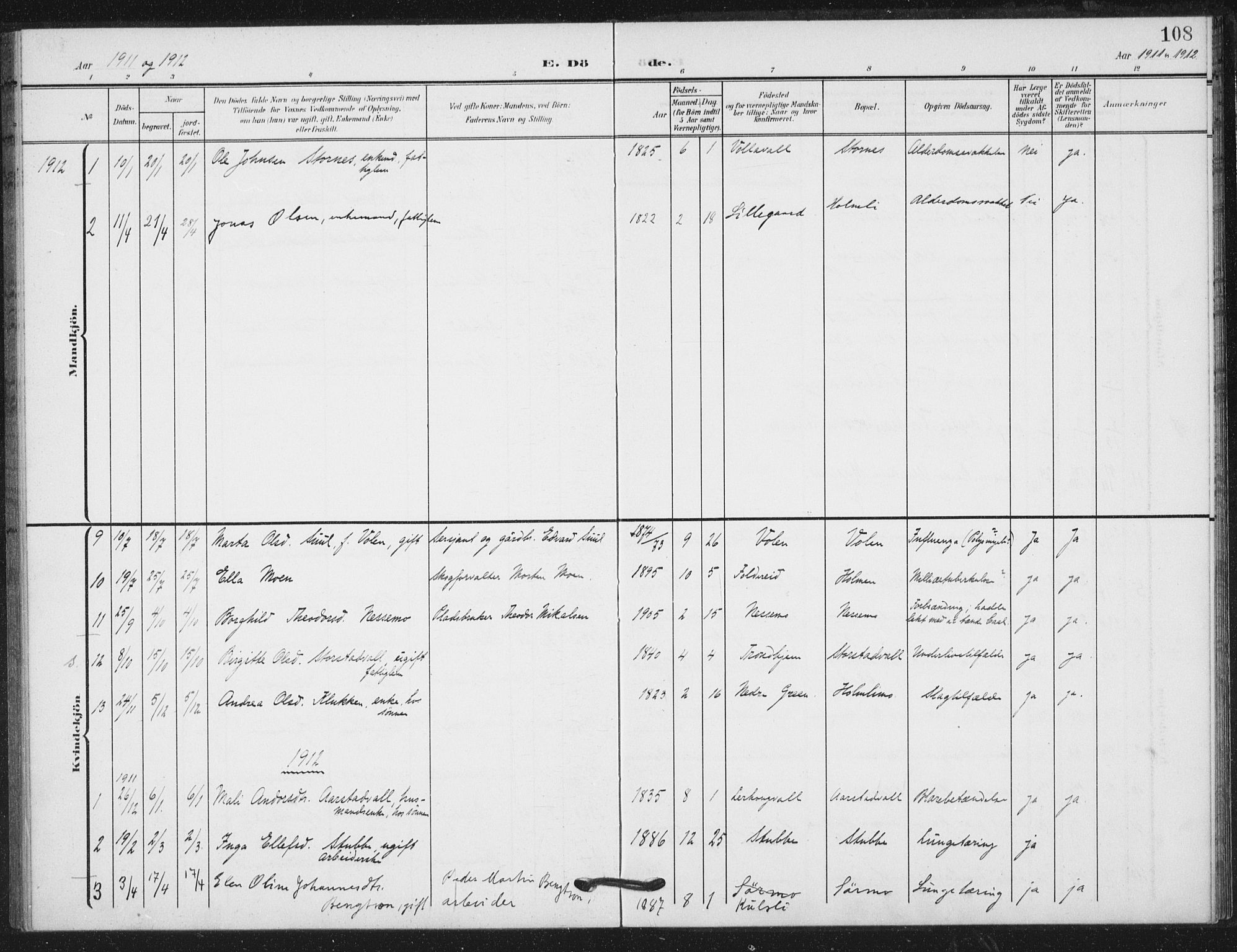 Ministerialprotokoller, klokkerbøker og fødselsregistre - Nord-Trøndelag, SAT/A-1458/724/L0264: Parish register (official) no. 724A02, 1908-1915, p. 108