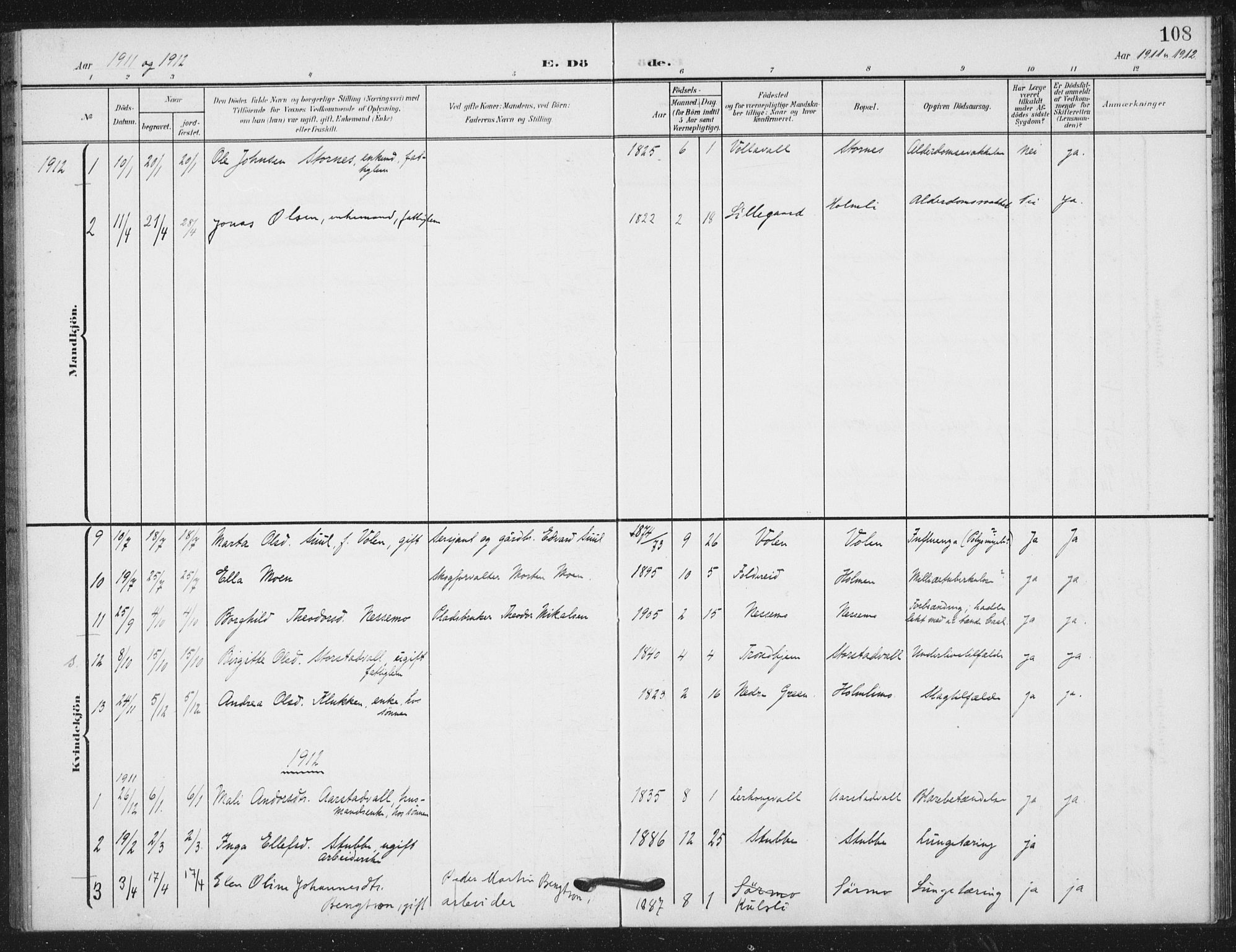 Ministerialprotokoller, klokkerbøker og fødselsregistre - Nord-Trøndelag, AV/SAT-A-1458/724/L0264: Parish register (official) no. 724A02, 1908-1915, p. 108