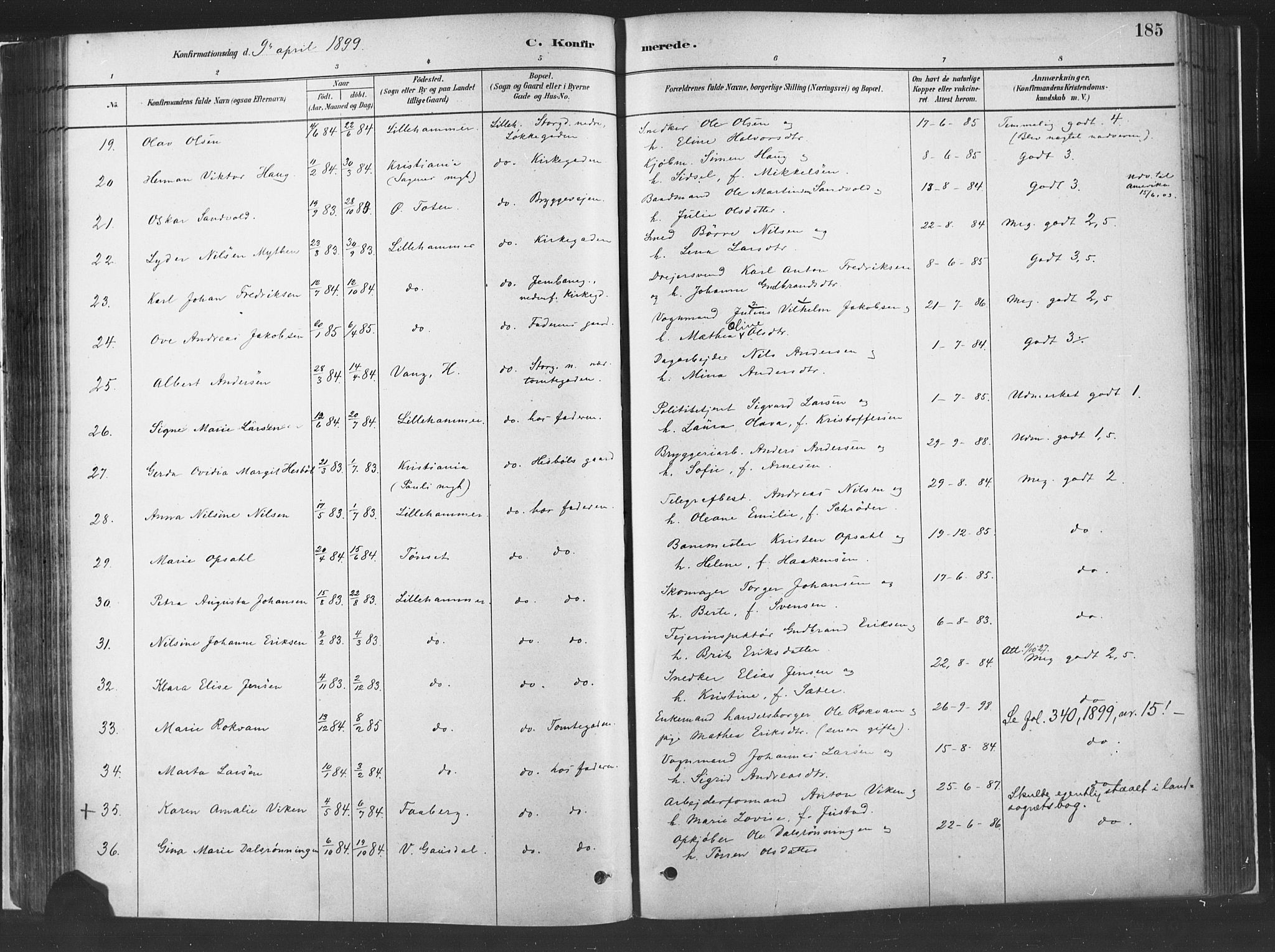 Fåberg prestekontor, SAH/PREST-086/H/Ha/Haa/L0010: Parish register (official) no. 10, 1879-1900, p. 185
