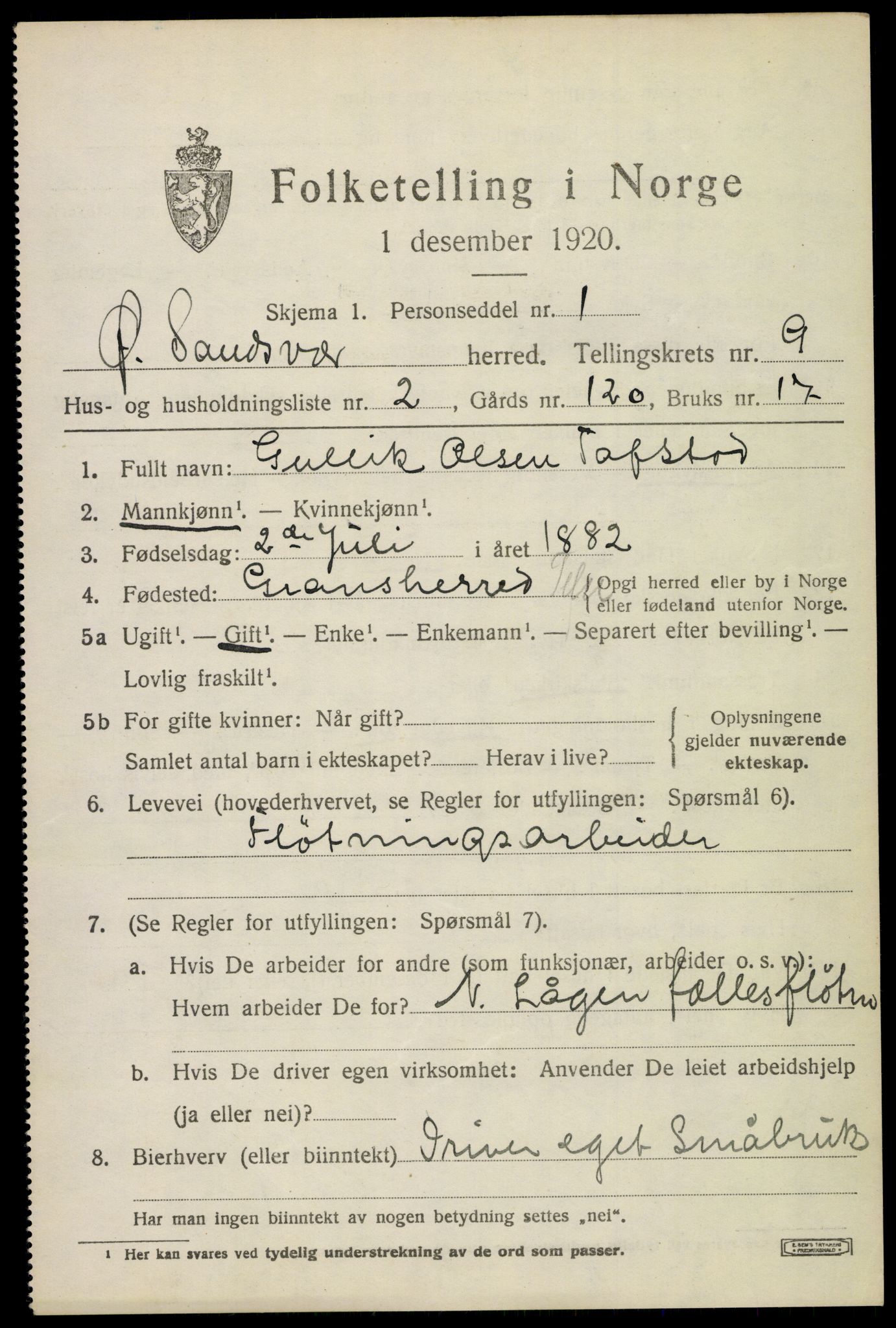 SAKO, 1920 census for Øvre Sandsvær, 1920, p. 4698