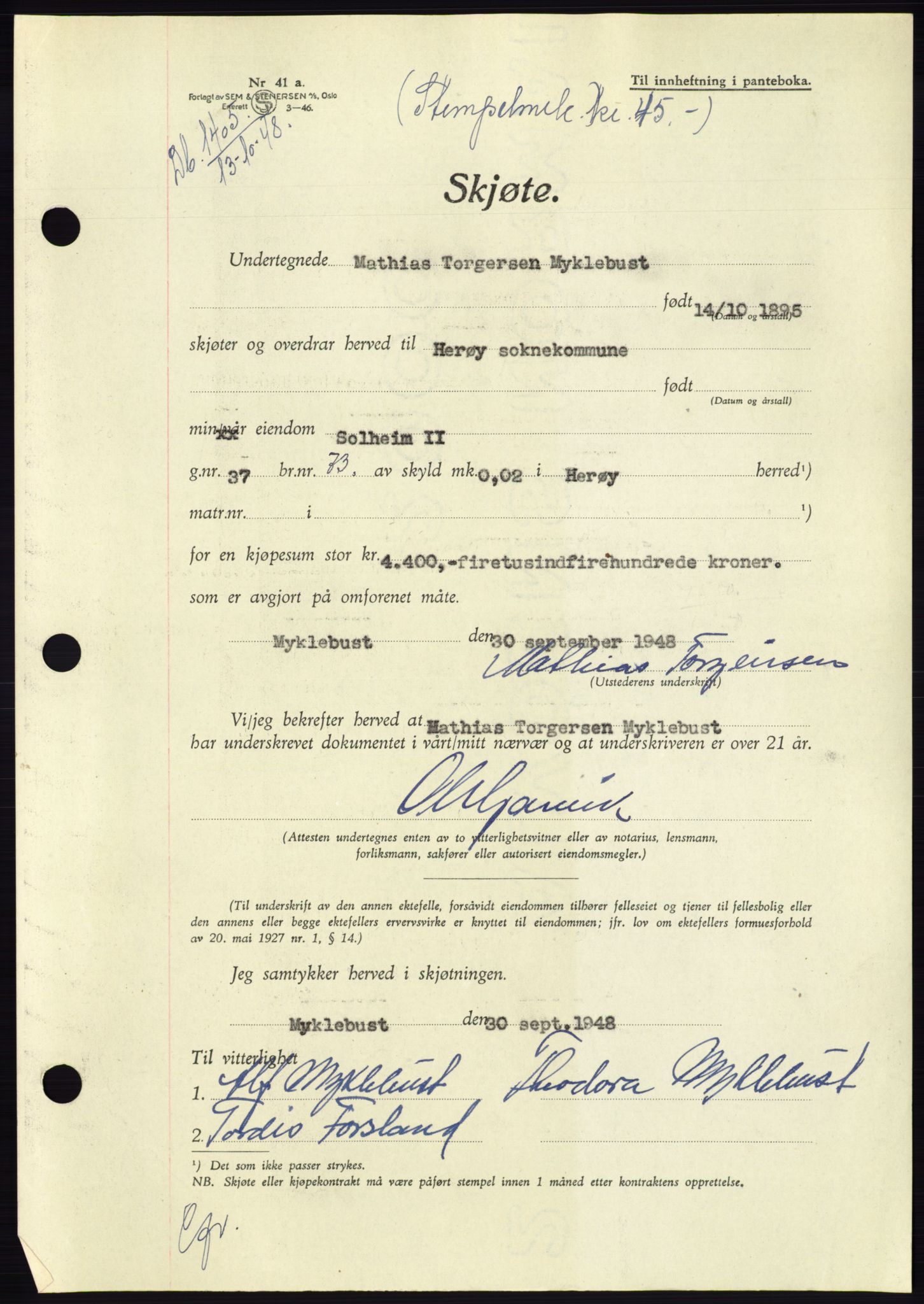 Søre Sunnmøre sorenskriveri, AV/SAT-A-4122/1/2/2C/L0083: Mortgage book no. 9A, 1948-1949, Diary no: : 1405/1948