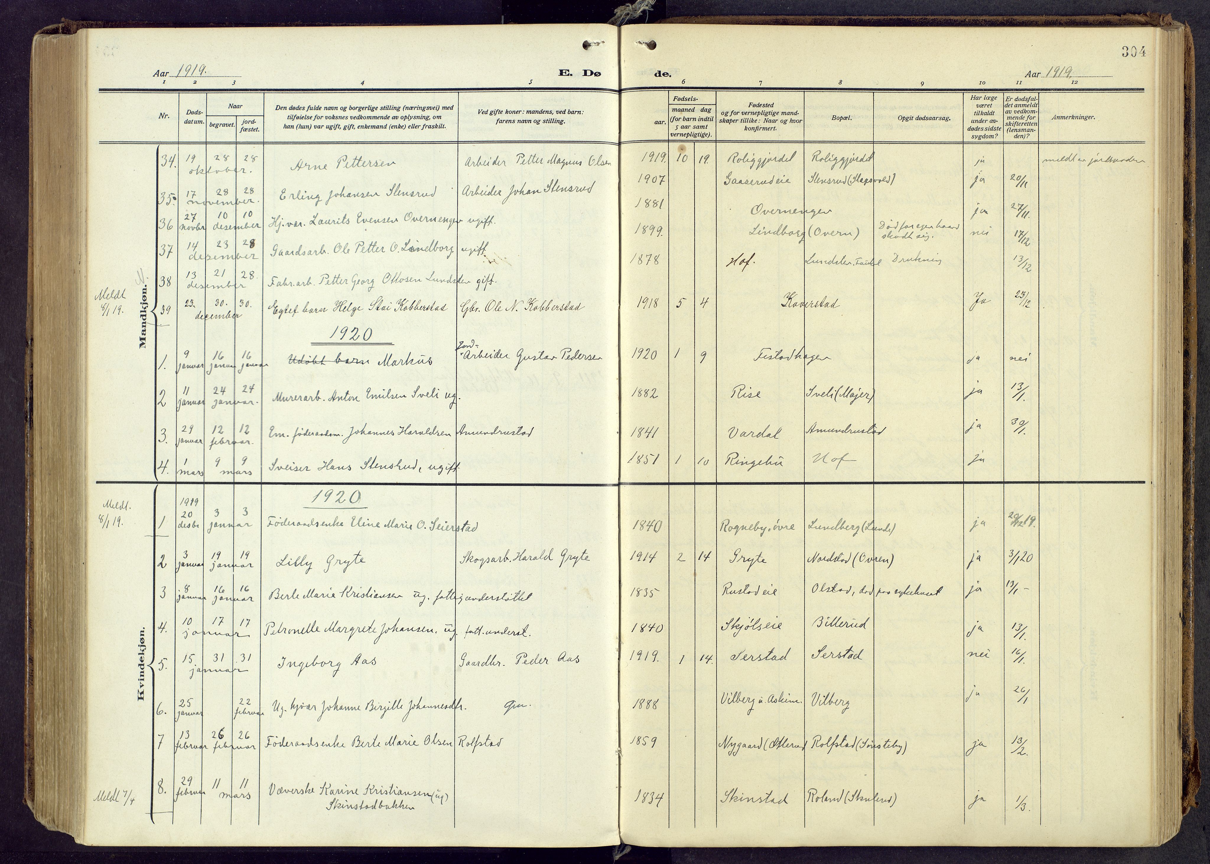 Østre Toten prestekontor, AV/SAH-PREST-104/H/Ha/Haa/L0010: Parish register (official) no. 10, 1910-1920, p. 304