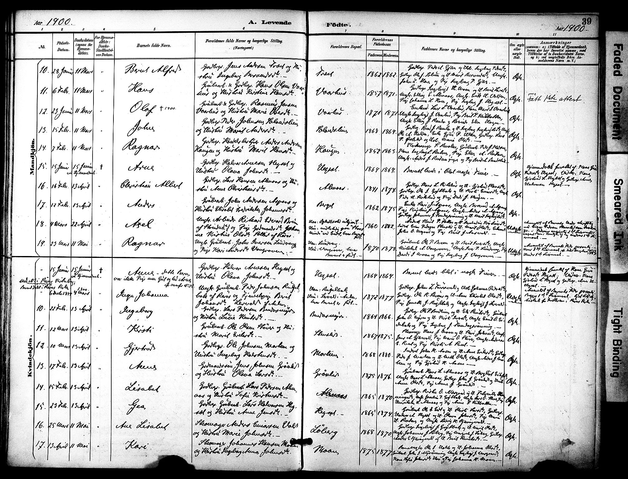 Ministerialprotokoller, klokkerbøker og fødselsregistre - Sør-Trøndelag, SAT/A-1456/686/L0984: Parish register (official) no. 686A02, 1891-1906, p. 39