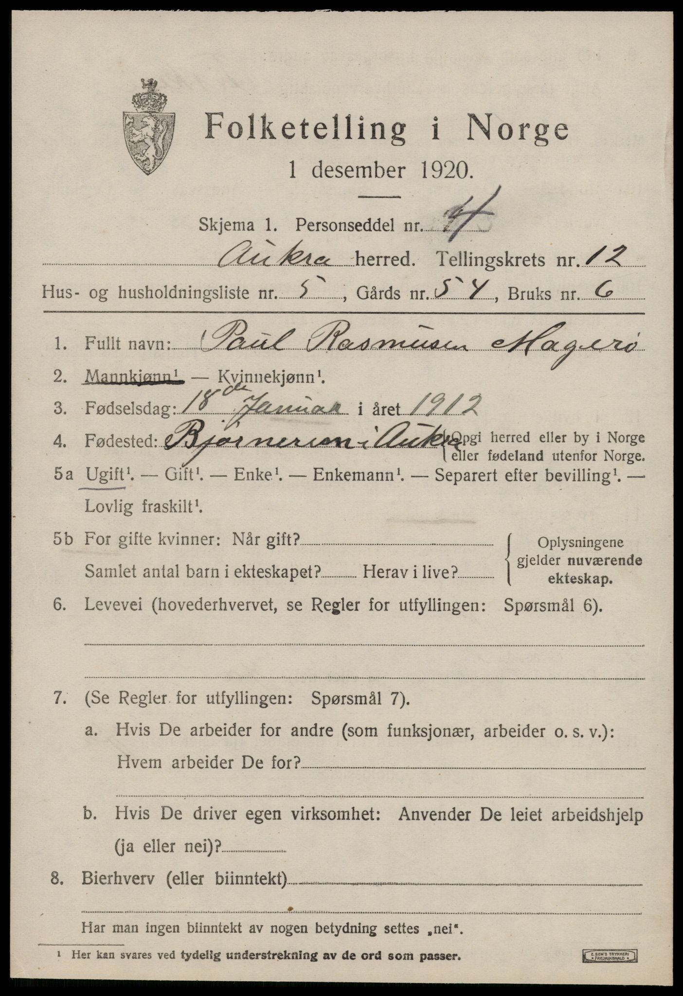 SAT, 1920 census for Aukra, 1920, p. 5475