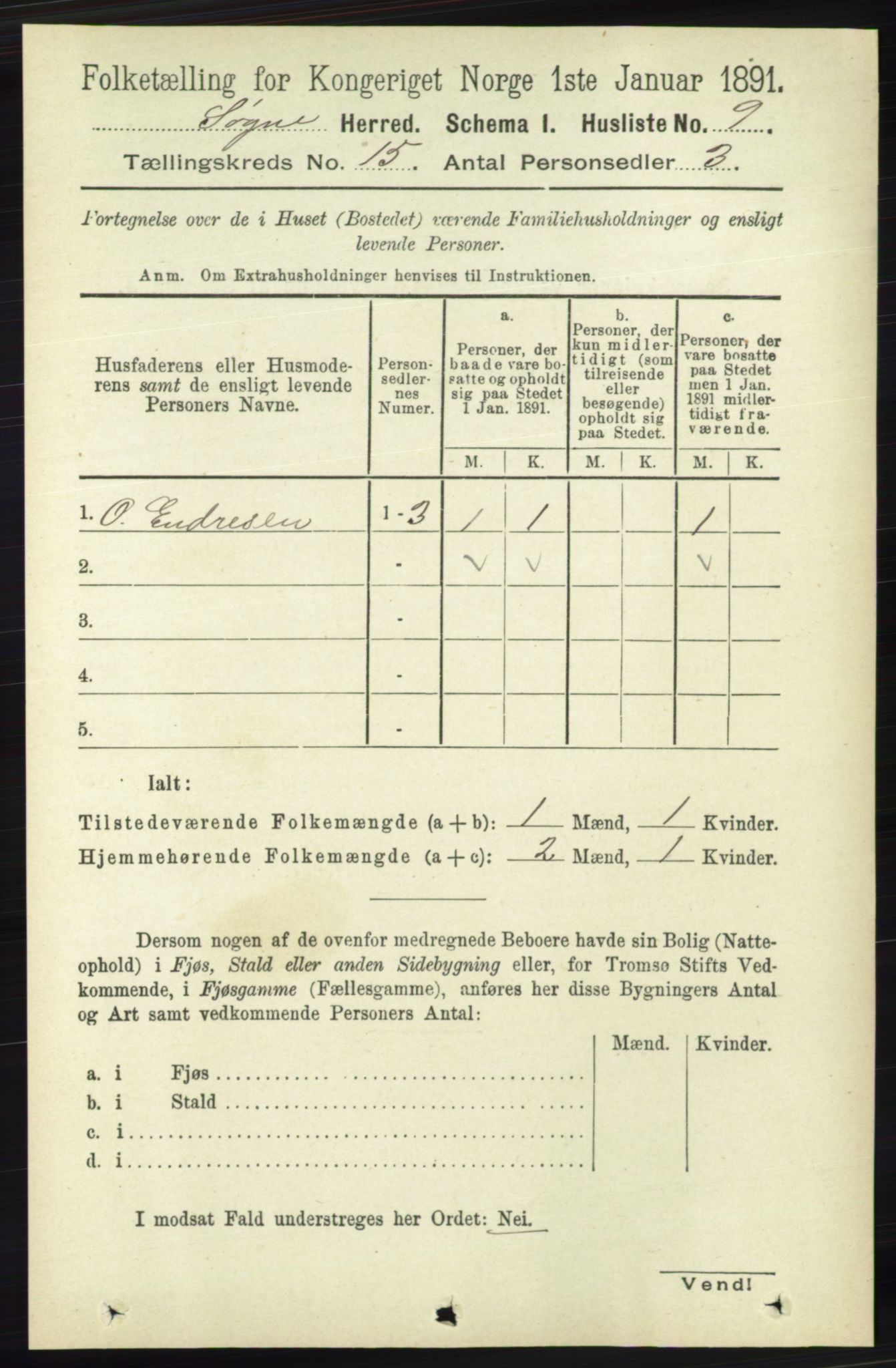 RA, 1891 census for 1018 Søgne, 1891, p. 3806