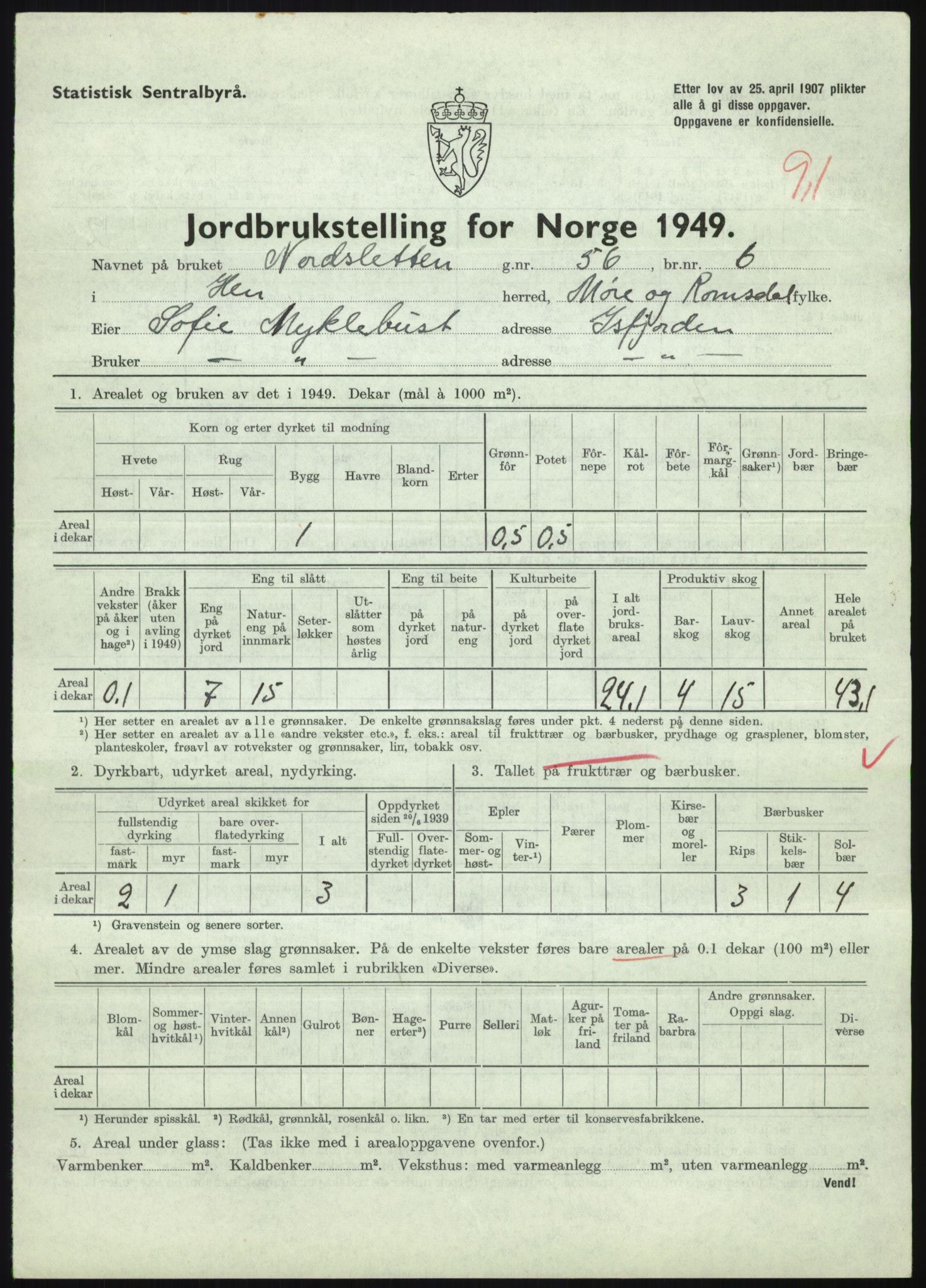 Statistisk sentralbyrå, Næringsøkonomiske emner, Jordbruk, skogbruk, jakt, fiske og fangst, AV/RA-S-2234/G/Gc/L0323: Møre og Romsdal: Grytten og Hen, 1949, p. 693