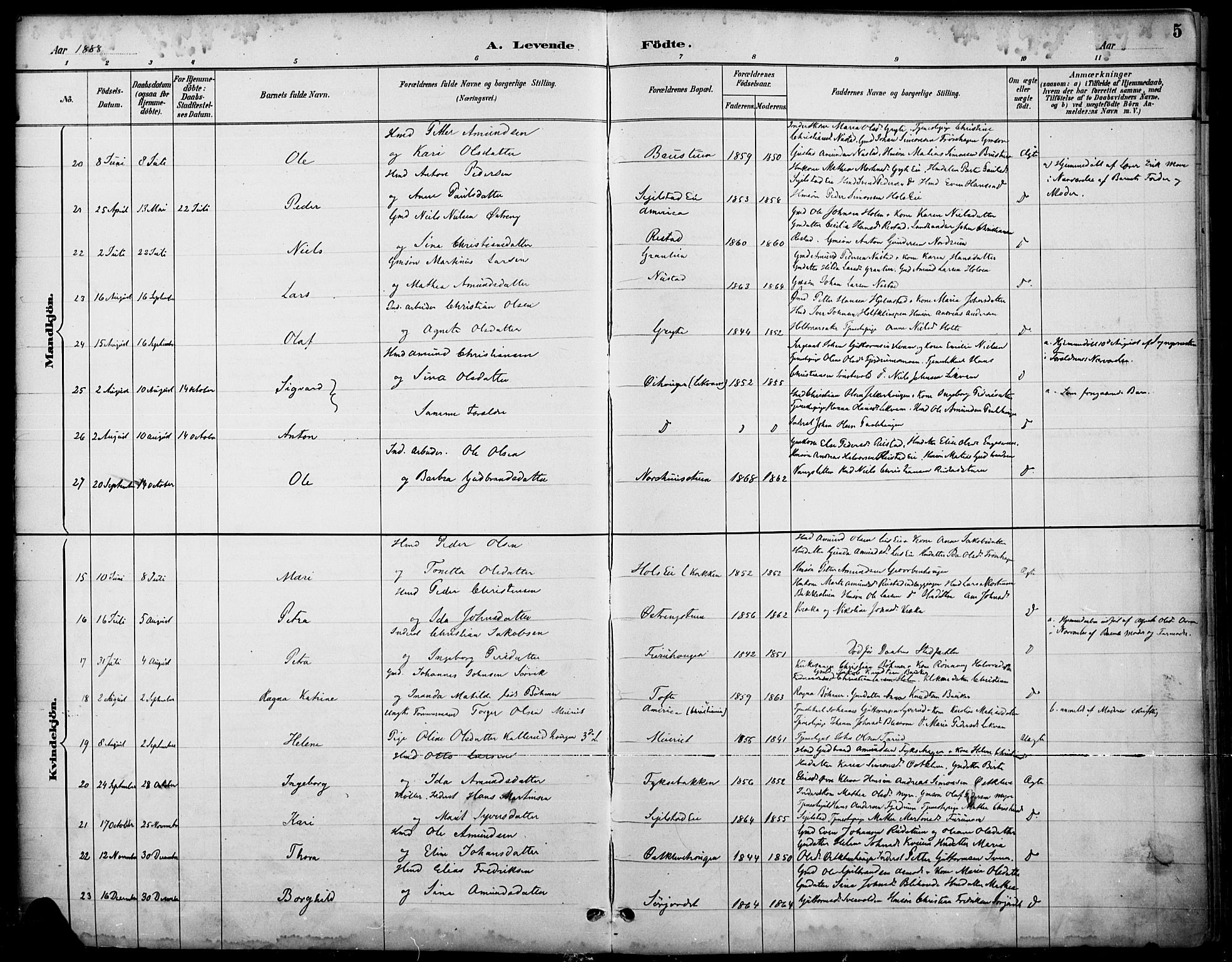 Østre Gausdal prestekontor, AV/SAH-PREST-092/H/Ha/Haa/L0002: Parish register (official) no. 2, 1887-1897, p. 5