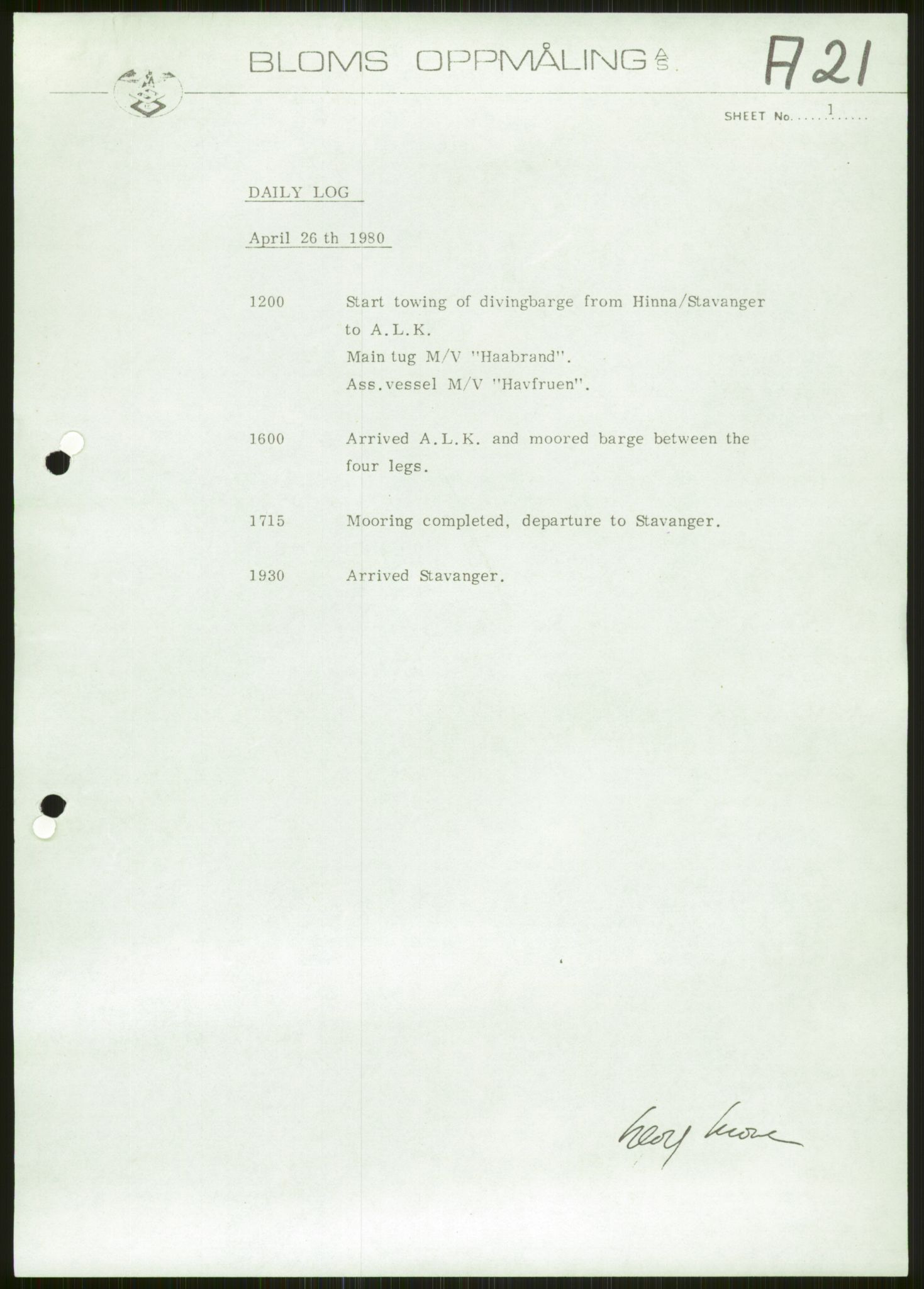 Justisdepartementet, Granskningskommisjonen ved Alexander Kielland-ulykken 27.3.1980, RA/S-1165/D/L0006: A Alexander L. Kielland (Doku.liste + A3-A6, A11-A13, A18-A20-A21, A23, A31 av 31)/Dykkerjournaler, 1980-1981, p. 140