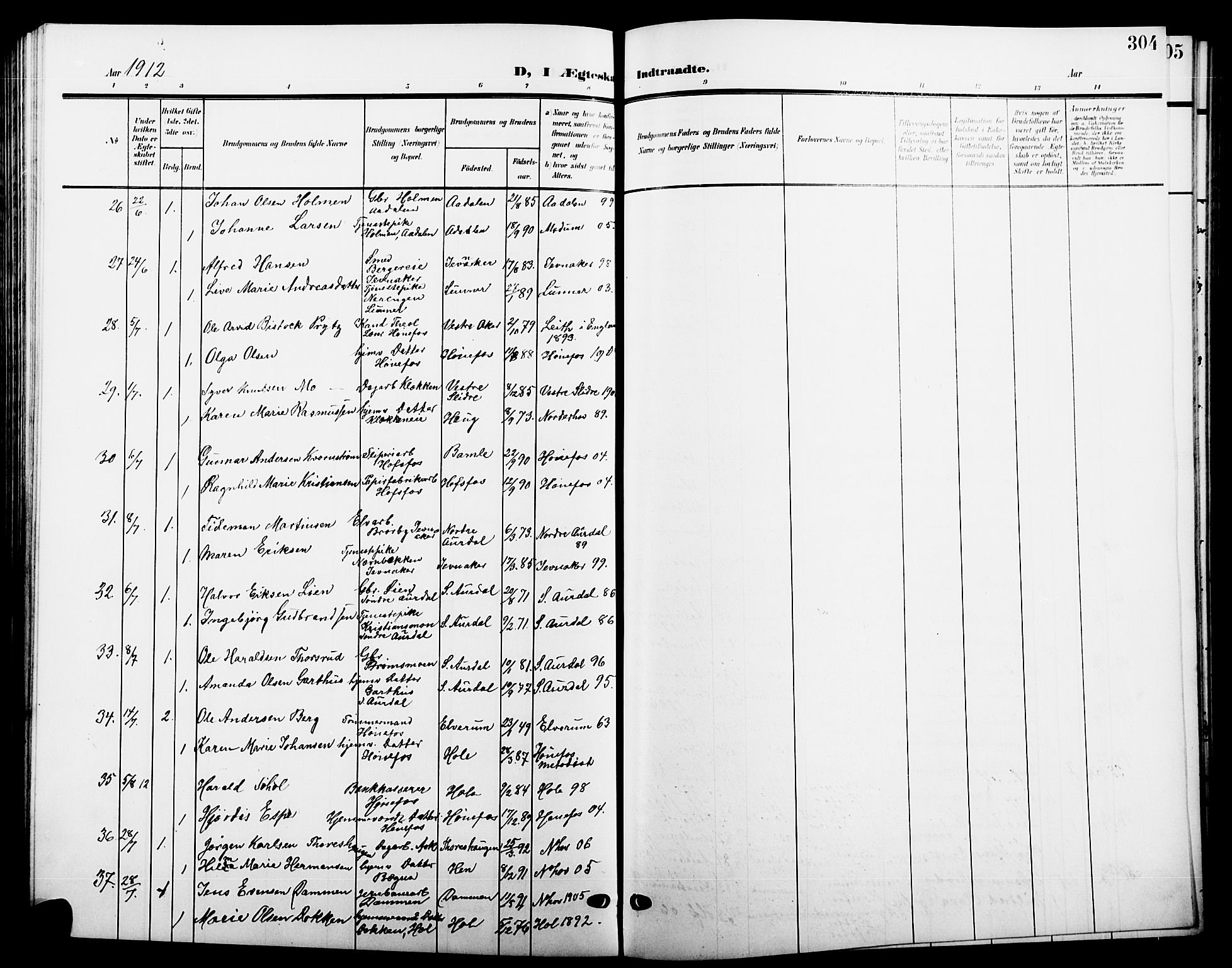 Hønefoss kirkebøker, SAKO/A-609/G/Ga/L0003: Parish register (copy) no. 3, 1905-1925, p. 304