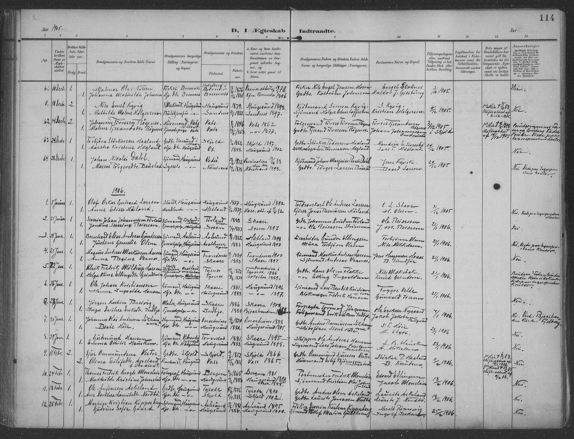 Haugesund sokneprestkontor, SAST/A -101863/H/Ha/Haa/L0007: Parish register (official) no. A 7, 1904-1916, p. 114