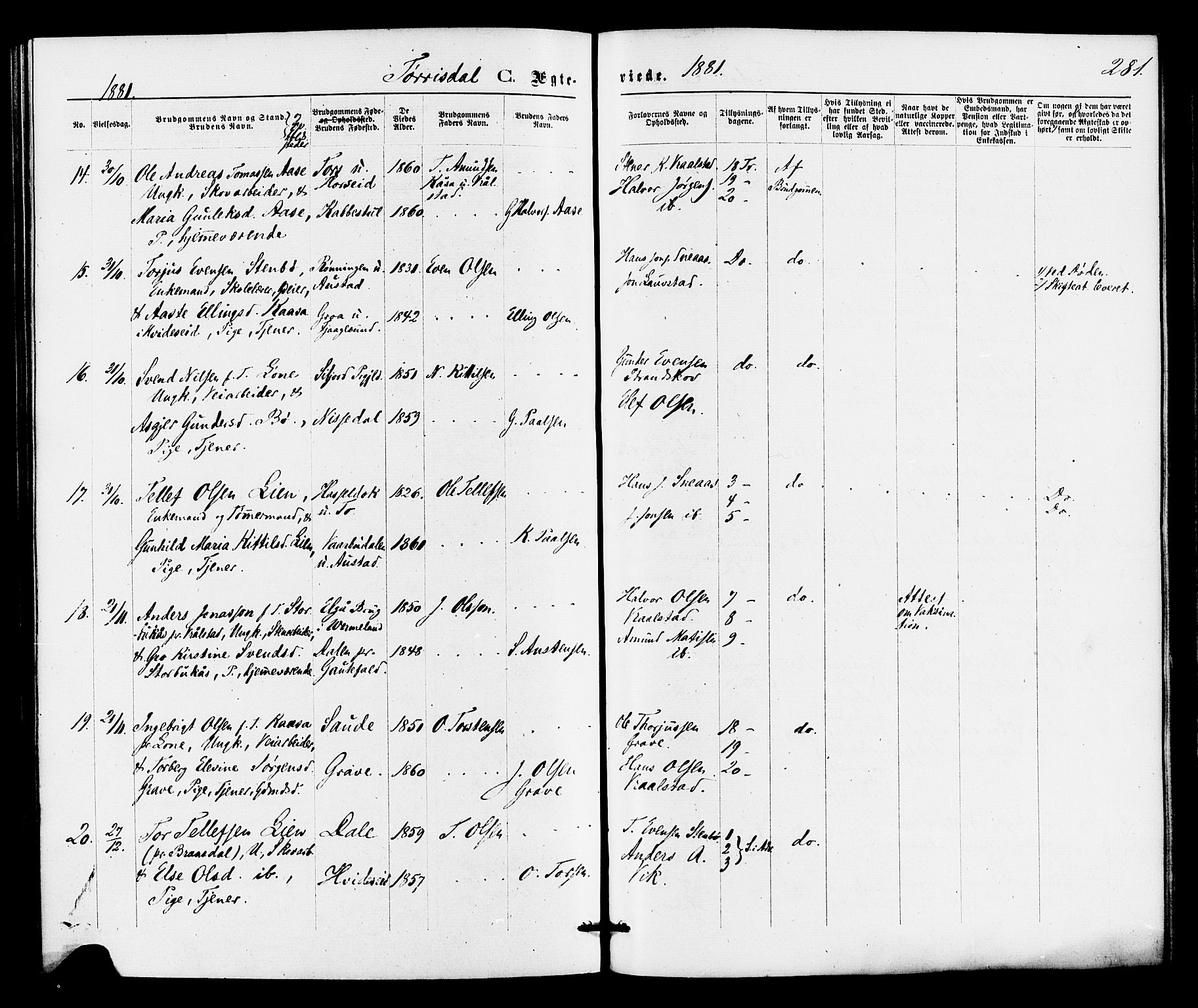Drangedal kirkebøker, SAKO/A-258/F/Fa/L0009: Parish register (official) no. 9 /2, 1872-1884, p. 281