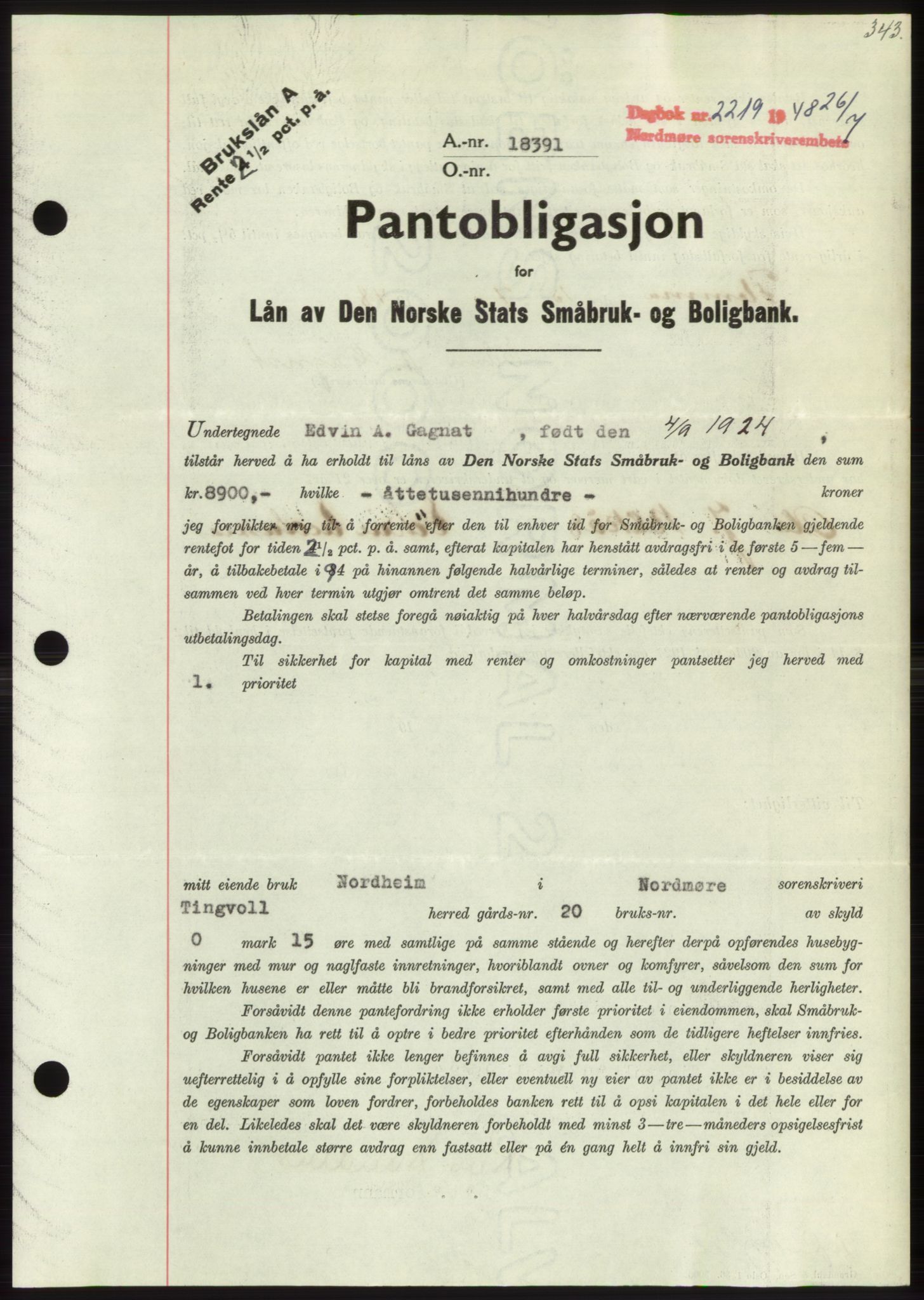 Nordmøre sorenskriveri, AV/SAT-A-4132/1/2/2Ca: Mortgage book no. B99, 1948-1948, Diary no: : 2219/1948