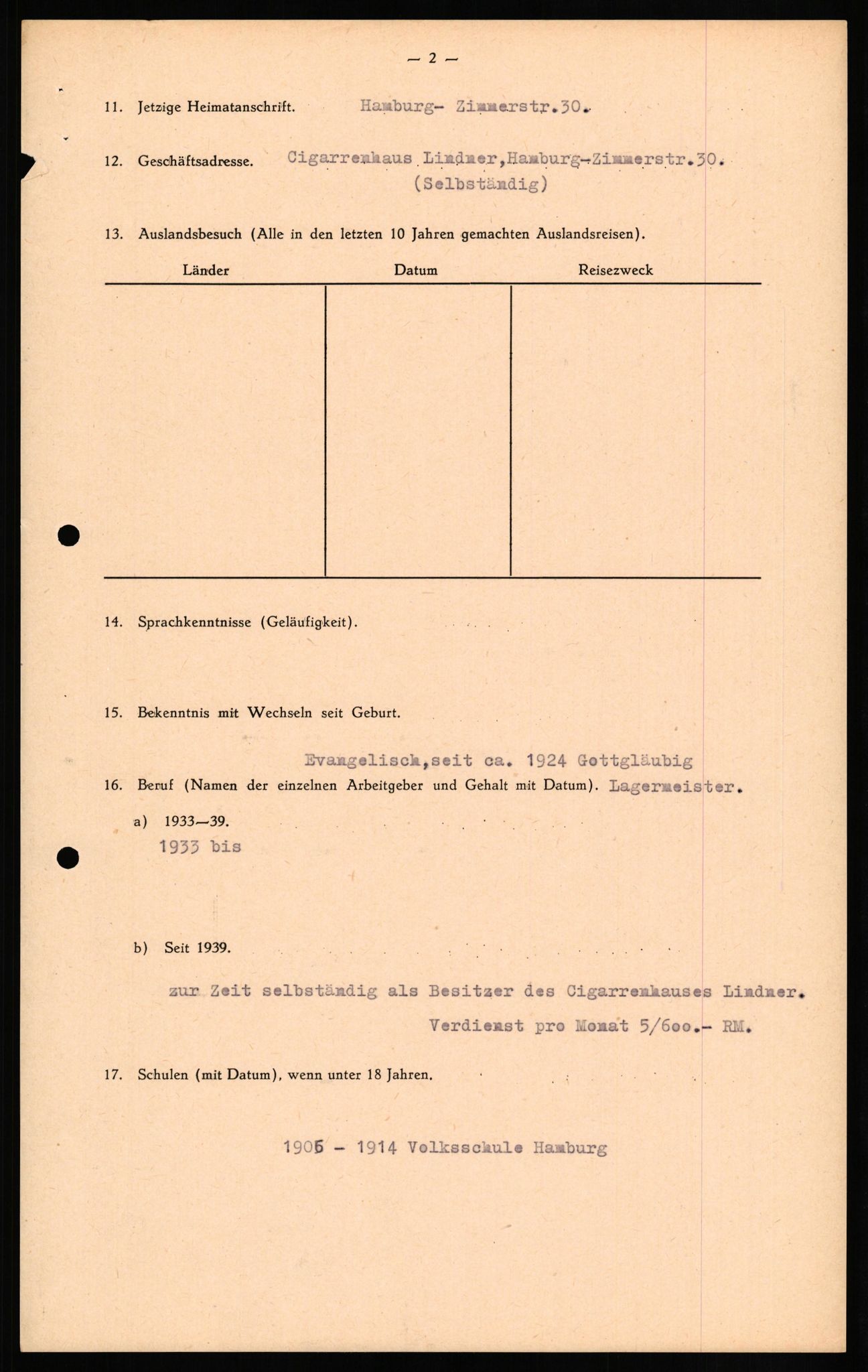 Forsvaret, Forsvarets overkommando II, RA/RAFA-3915/D/Db/L0020: CI Questionaires. Tyske okkupasjonsstyrker i Norge. Tyskere., 1945-1946, p. 193