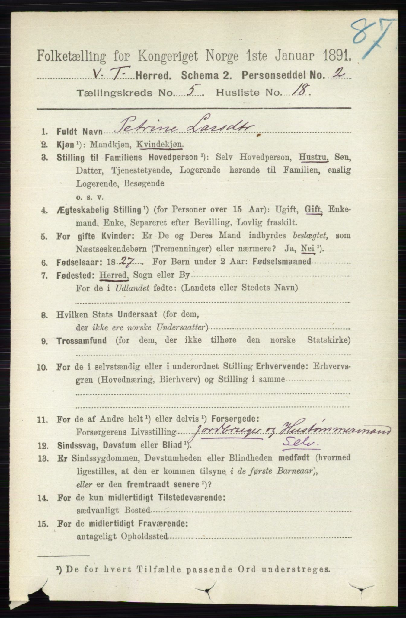 RA, 1891 census for 0529 Vestre Toten, 1891, p. 3320