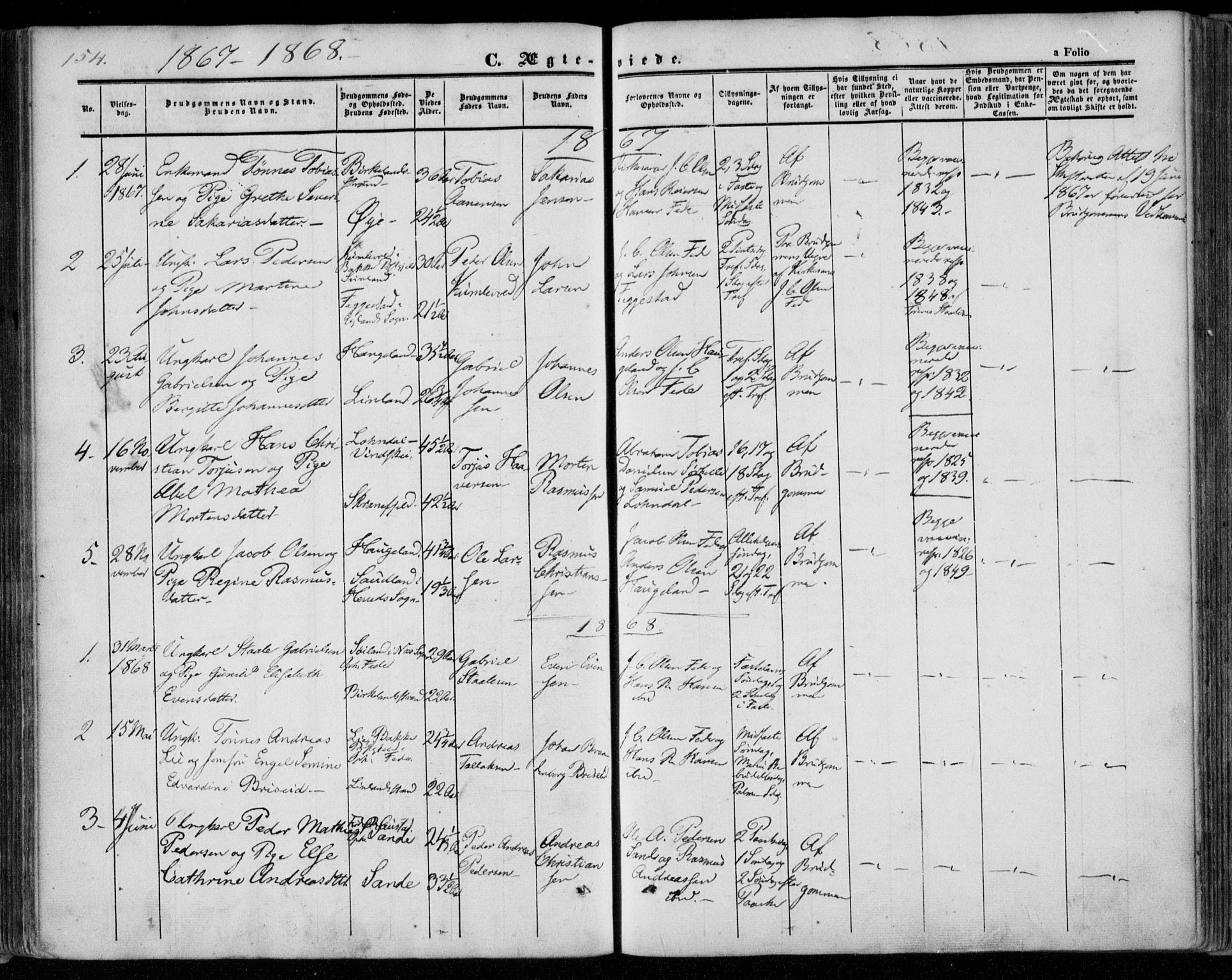 Kvinesdal sokneprestkontor, AV/SAK-1111-0026/F/Fa/Faa/L0002: Parish register (official) no. A 2, 1850-1876, p. 154