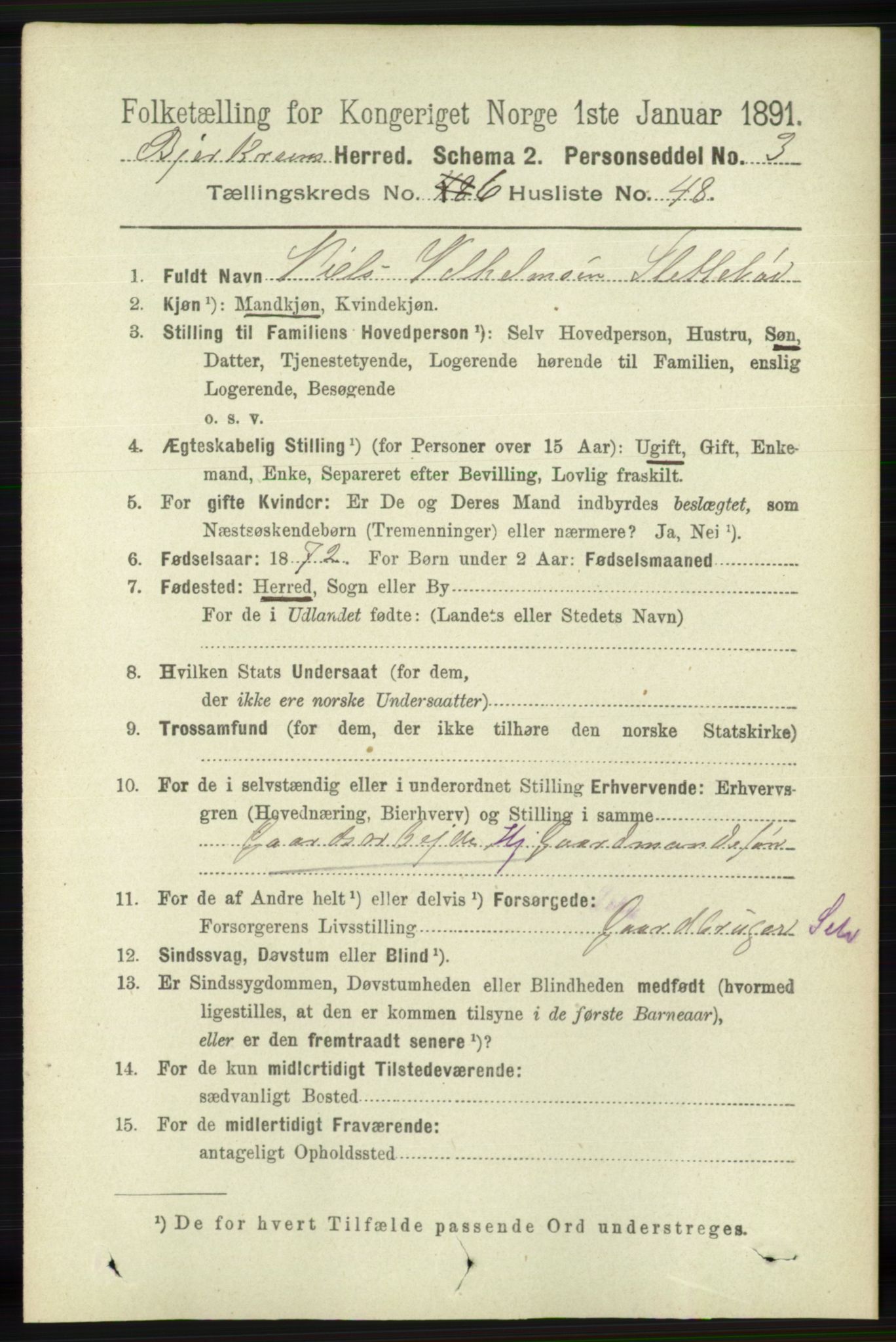 RA, 1891 census for 1114 Bjerkreim, 1891, p. 2414