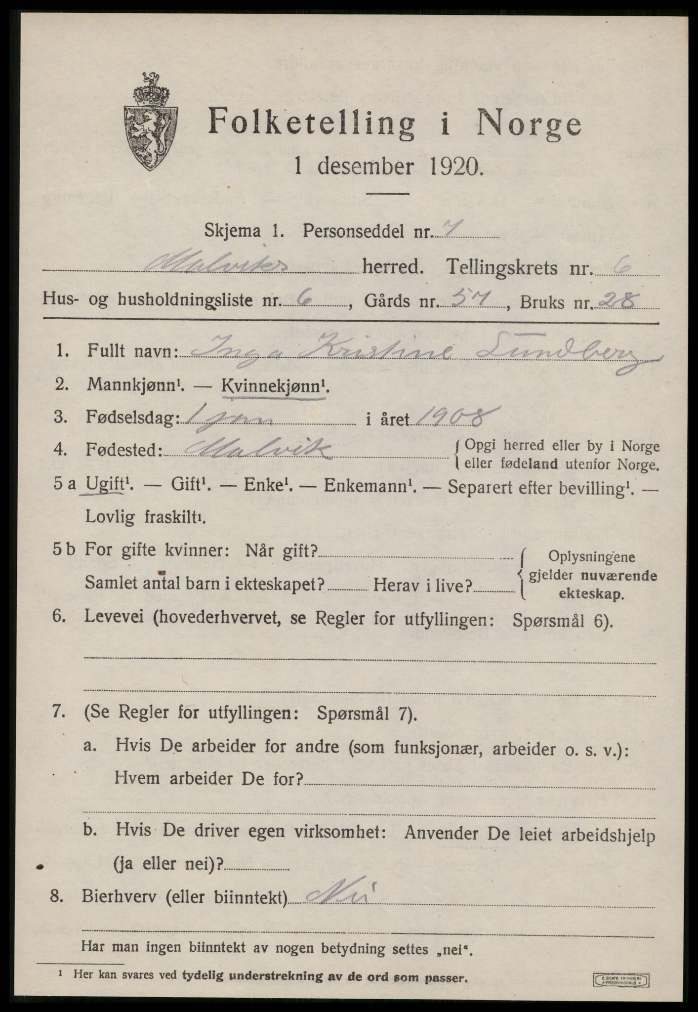 SAT, 1920 census for Malvik, 1920, p. 5424