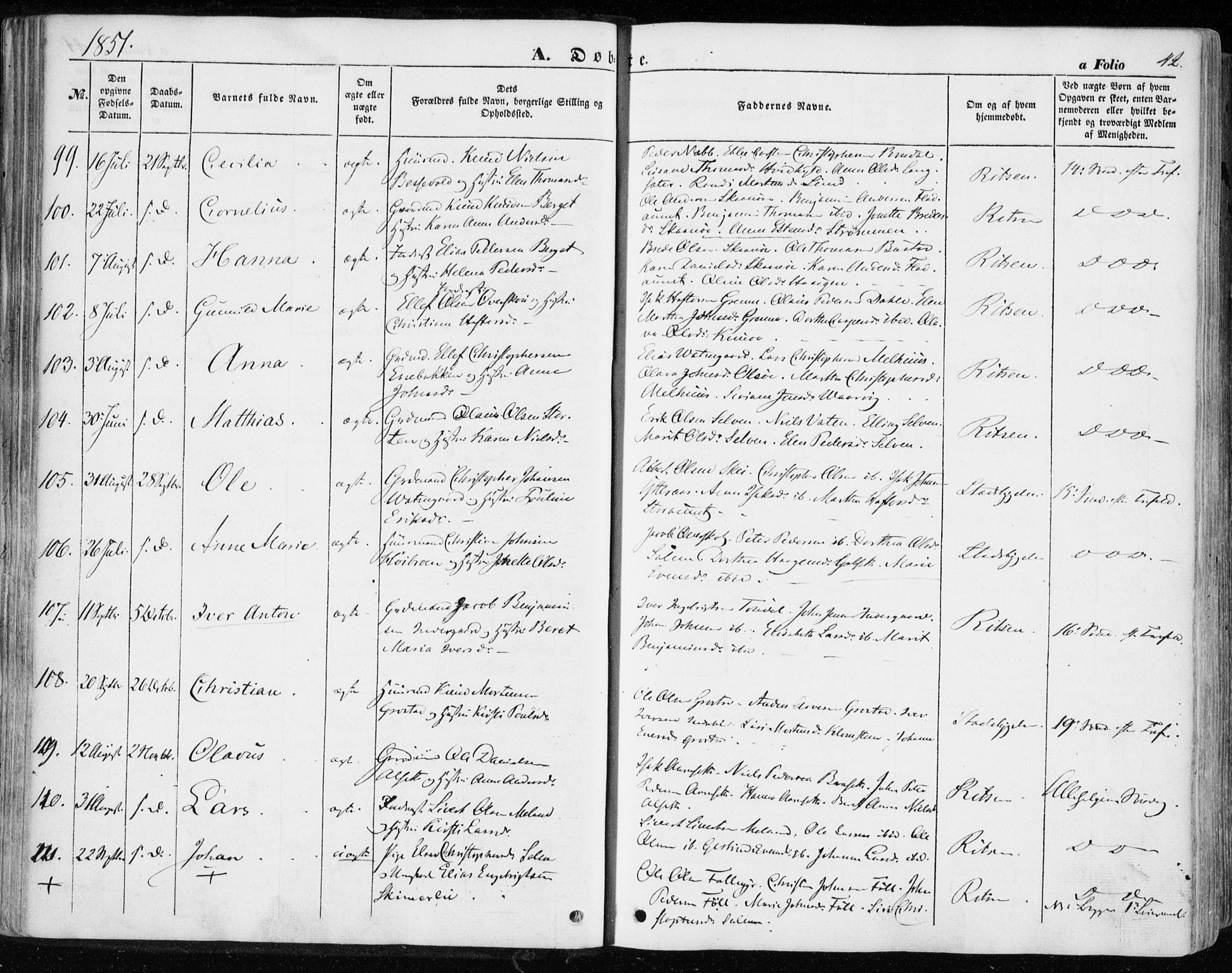 Ministerialprotokoller, klokkerbøker og fødselsregistre - Sør-Trøndelag, AV/SAT-A-1456/646/L0611: Parish register (official) no. 646A09, 1848-1857, p. 42