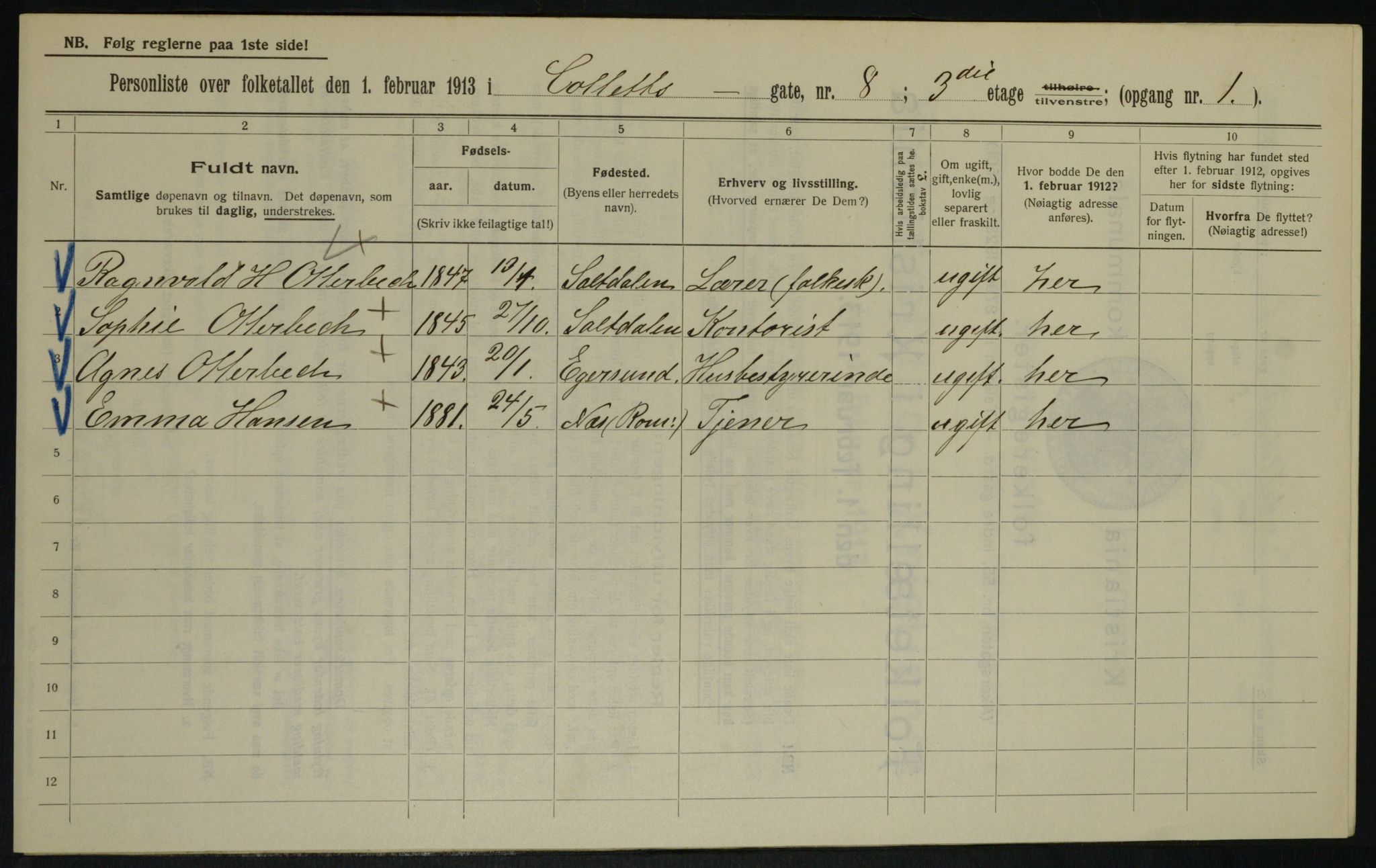 OBA, Municipal Census 1913 for Kristiania, 1913, p. 13099