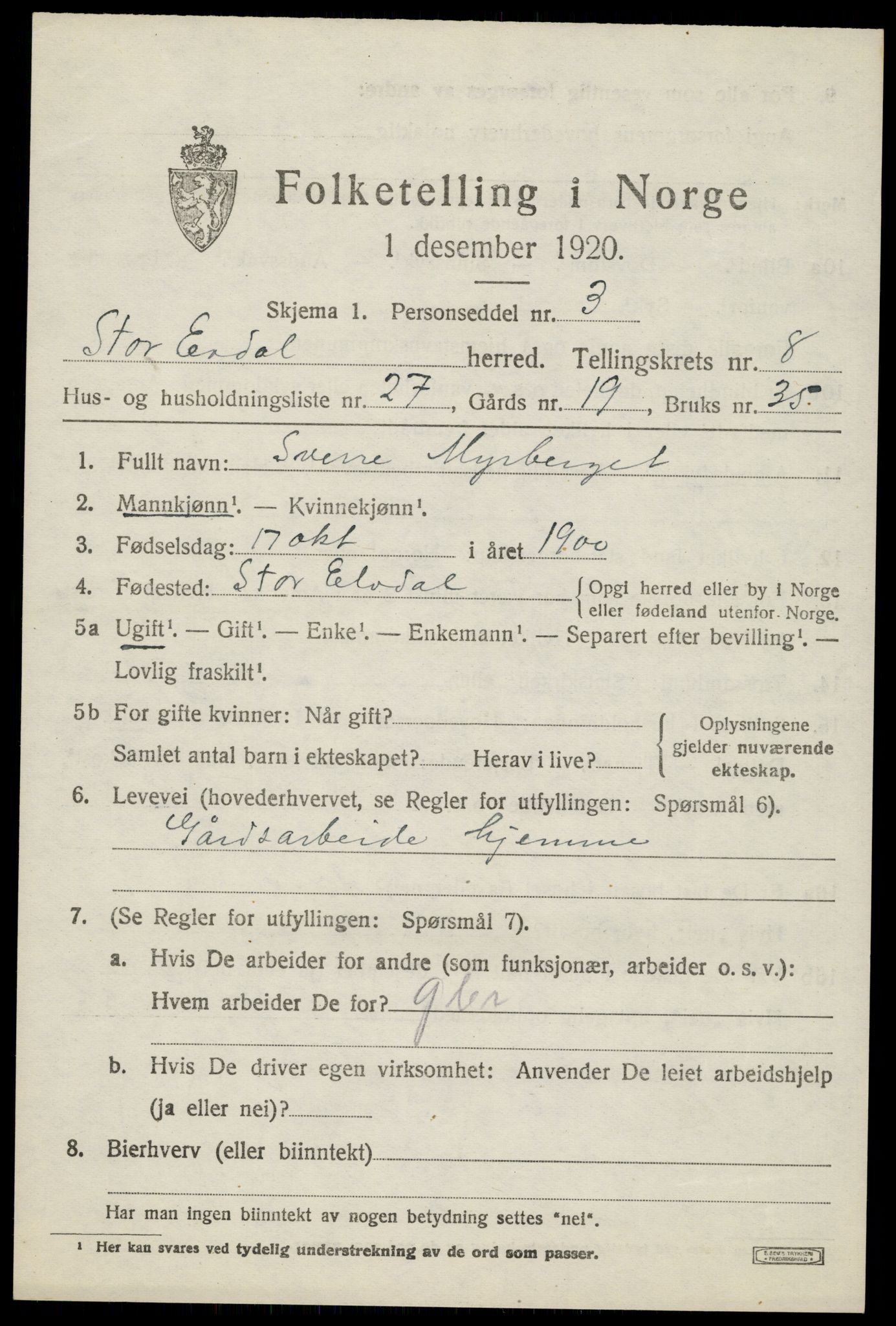 SAH, 1920 census for Stor-Elvdal, 1920, p. 6868