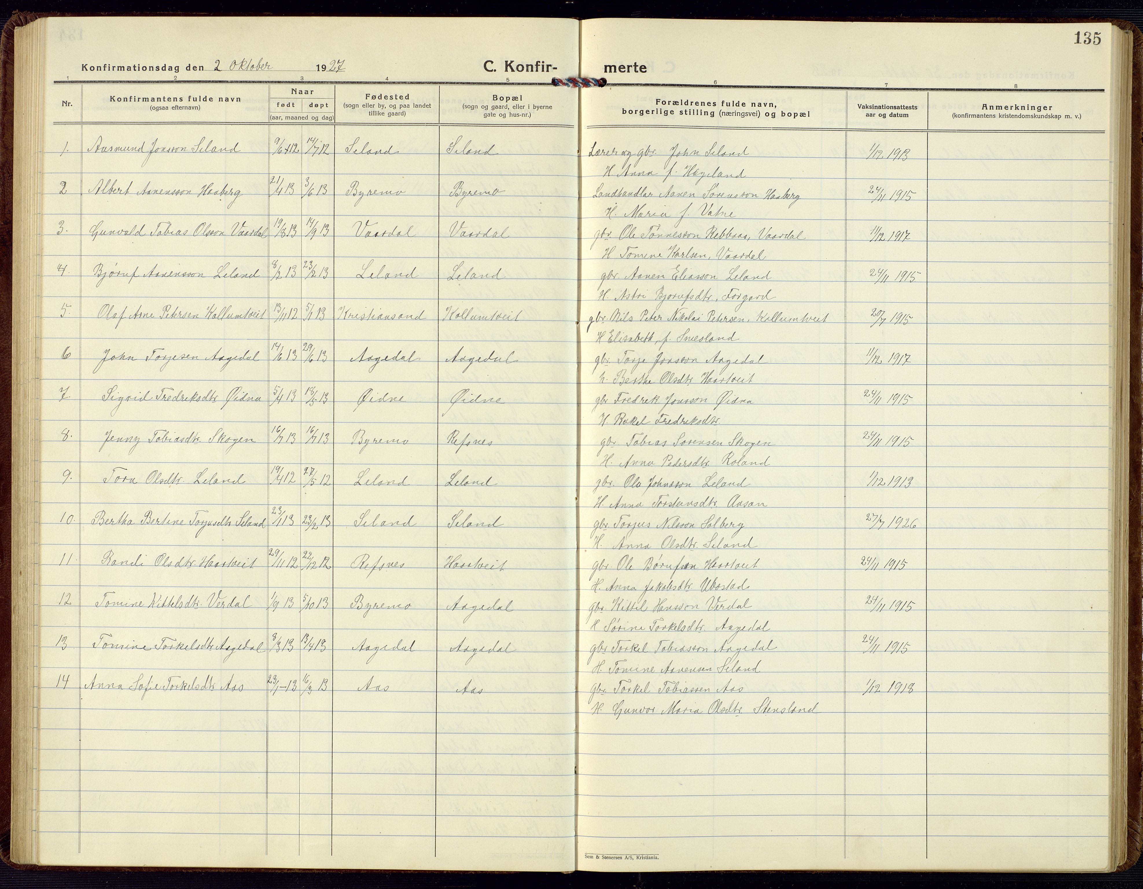 Bjelland sokneprestkontor, SAK/1111-0005/F/Fb/Fbc/L0004: Parish register (copy) no. B 4, 1921-1978, p. 135
