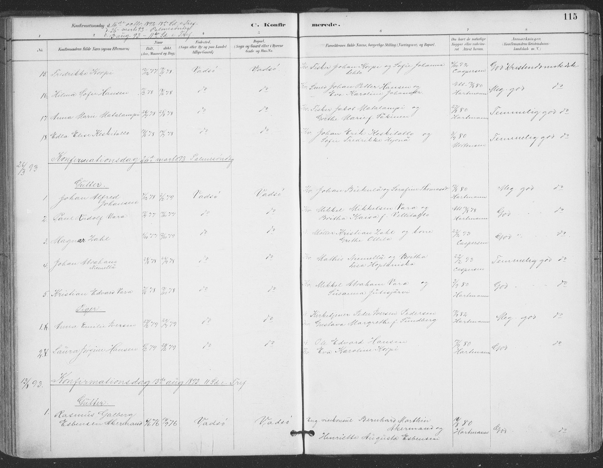 Vadsø sokneprestkontor, AV/SATØ-S-1325/H/Ha/L0006kirke: Parish register (official) no. 6, 1885-1895, p. 115