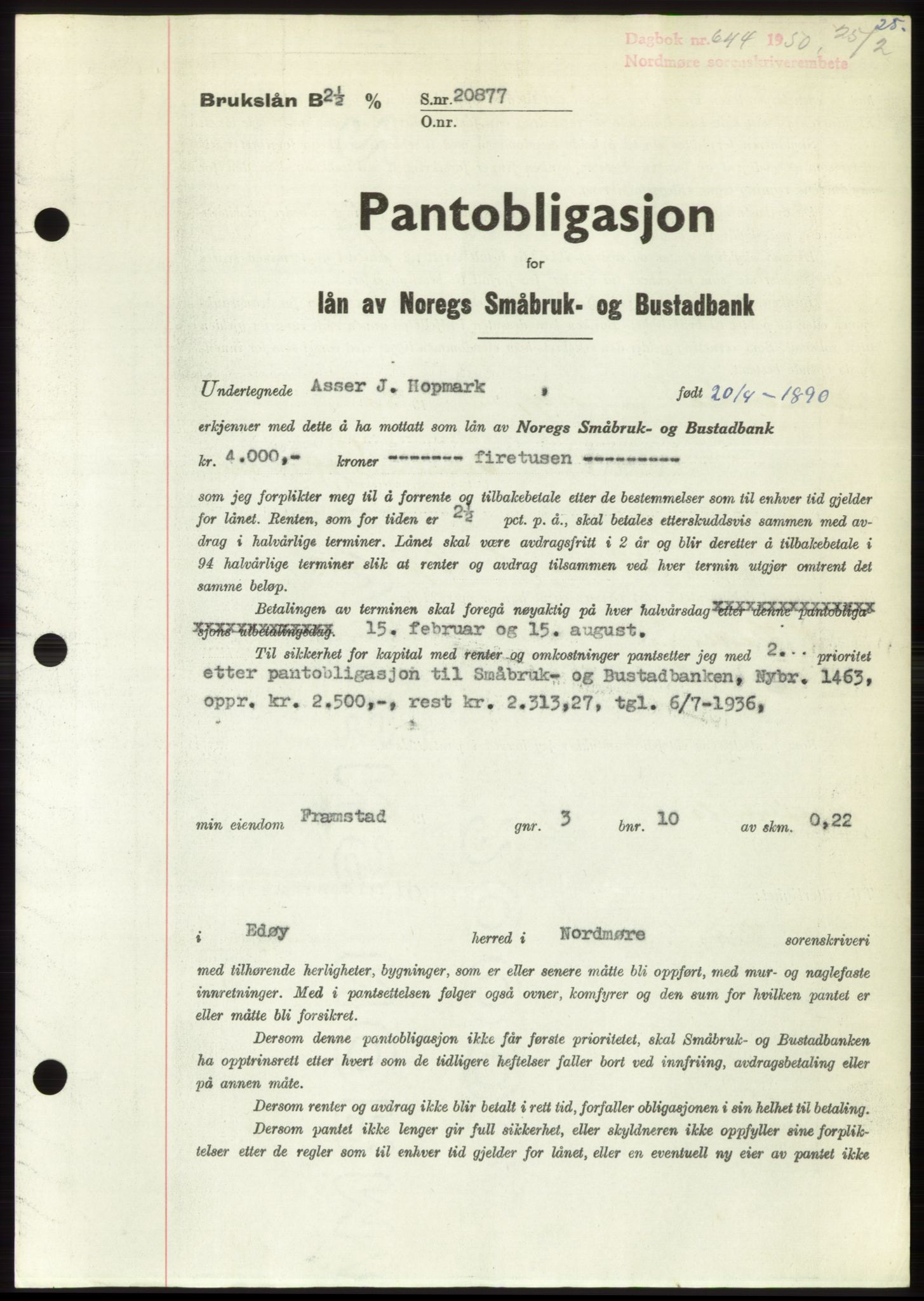 Nordmøre sorenskriveri, AV/SAT-A-4132/1/2/2Ca: Mortgage book no. B104, 1950-1950, Diary no: : 644/1950