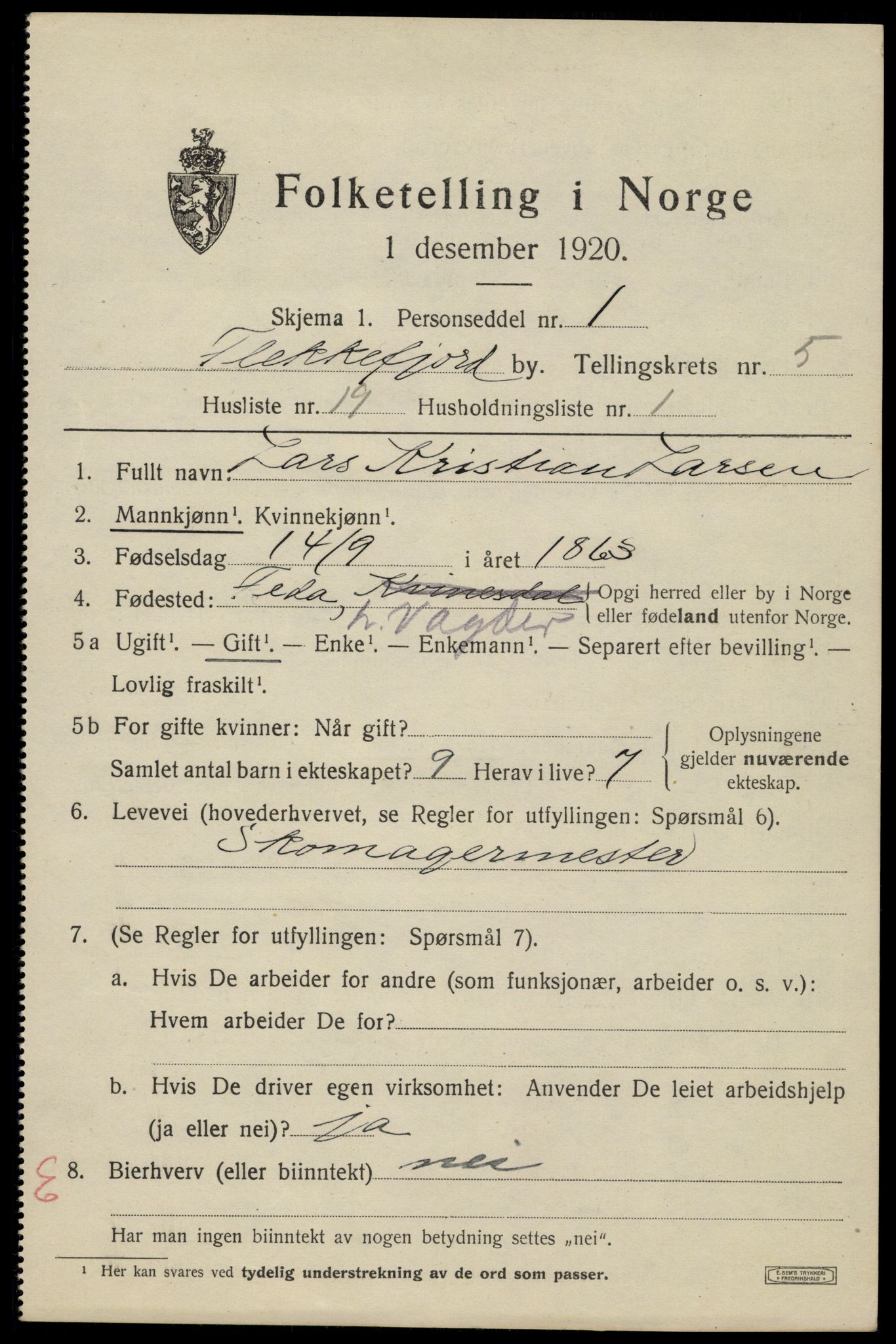 SAK, 1920 census for Flekkefjord, 1920, p. 5456