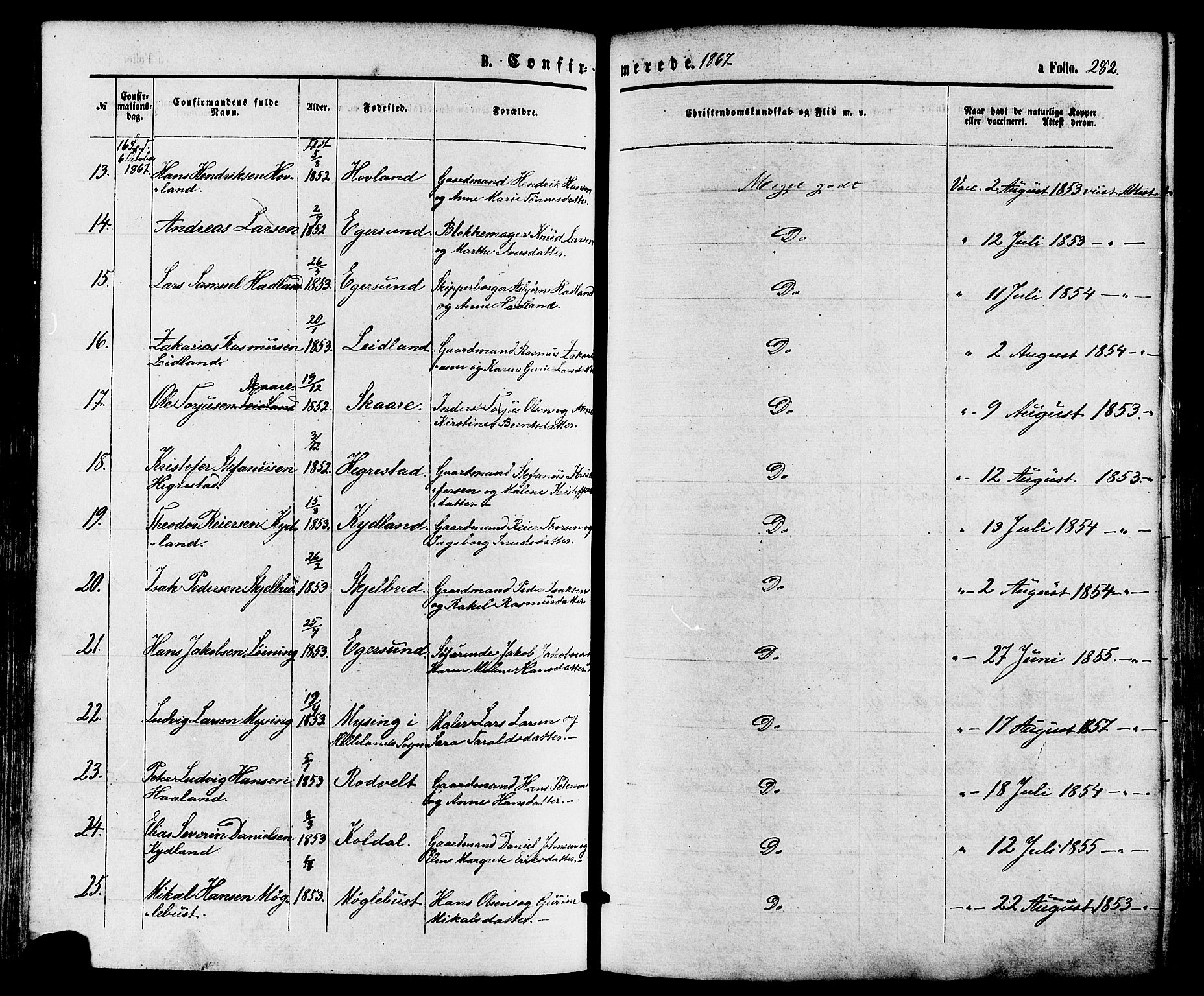 Eigersund sokneprestkontor, AV/SAST-A-101807/001/30/30BA/L0014: Parish register (official) no. A 13, 1866-1878, p. 282