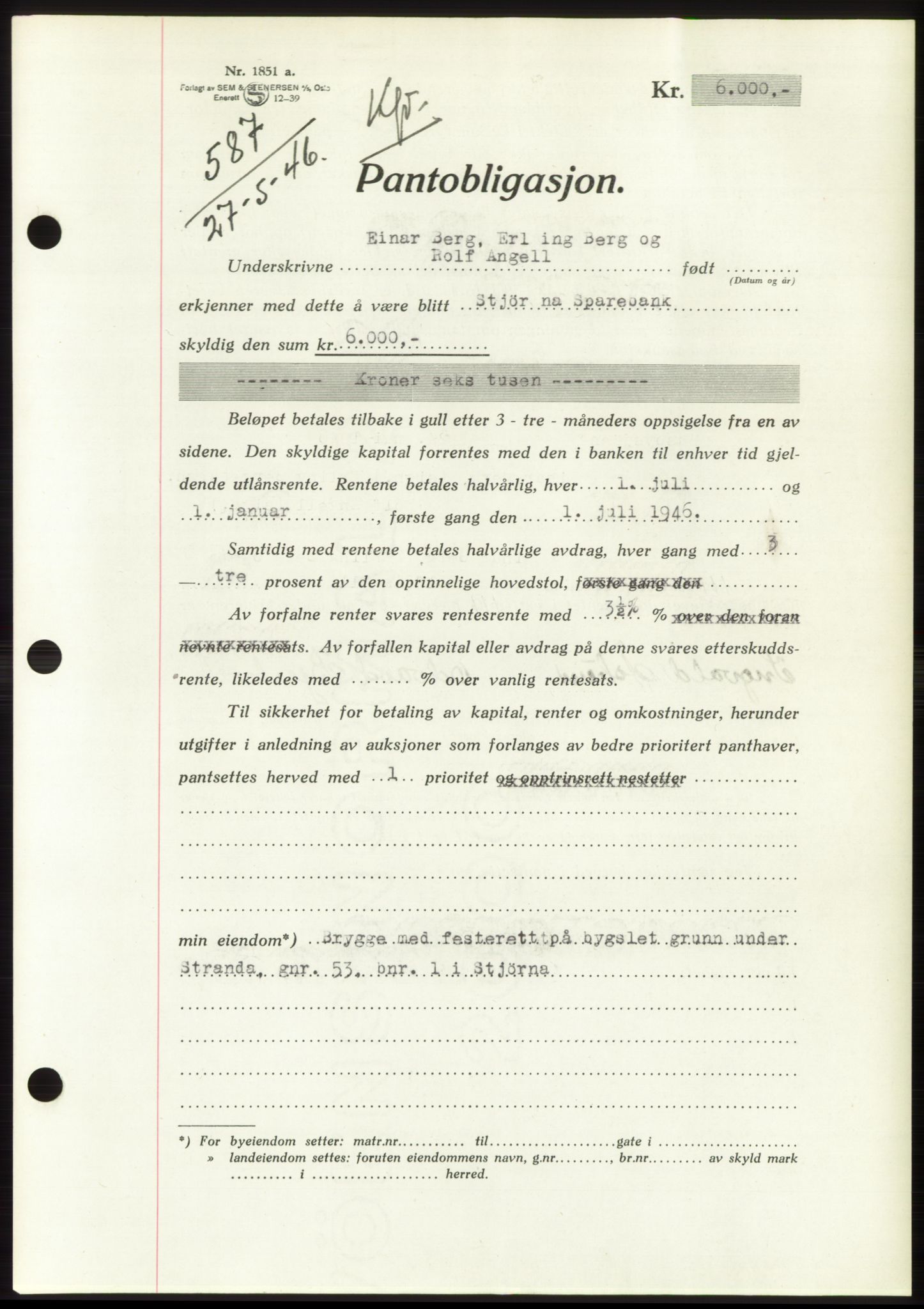 Fosen sorenskriveri, AV/SAT-A-1107/1/2/2C: Mortgage book no. B, 1946-1948, Diary no: : 587/1946