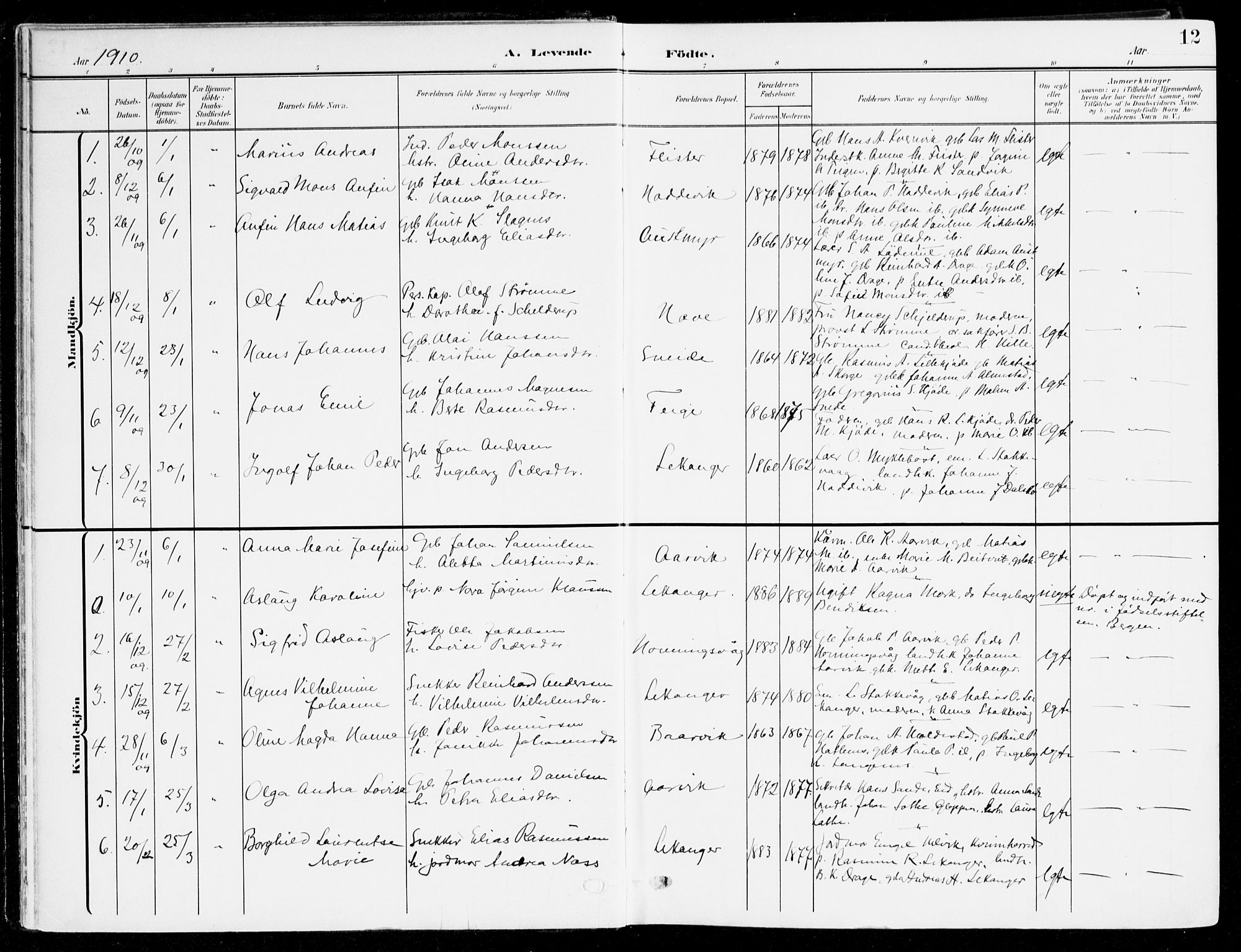 Selje sokneprestembete, AV/SAB-A-99938/H/Ha/Haa/Haab: Parish register (official) no. B 3, 1908-1923, p. 12