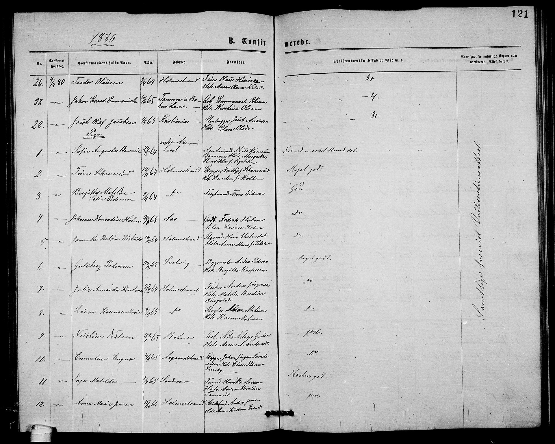 Holmestrand kirkebøker, AV/SAKO-A-346/G/Ga/L0004: Parish register (copy) no. 4, 1874-1888, p. 121